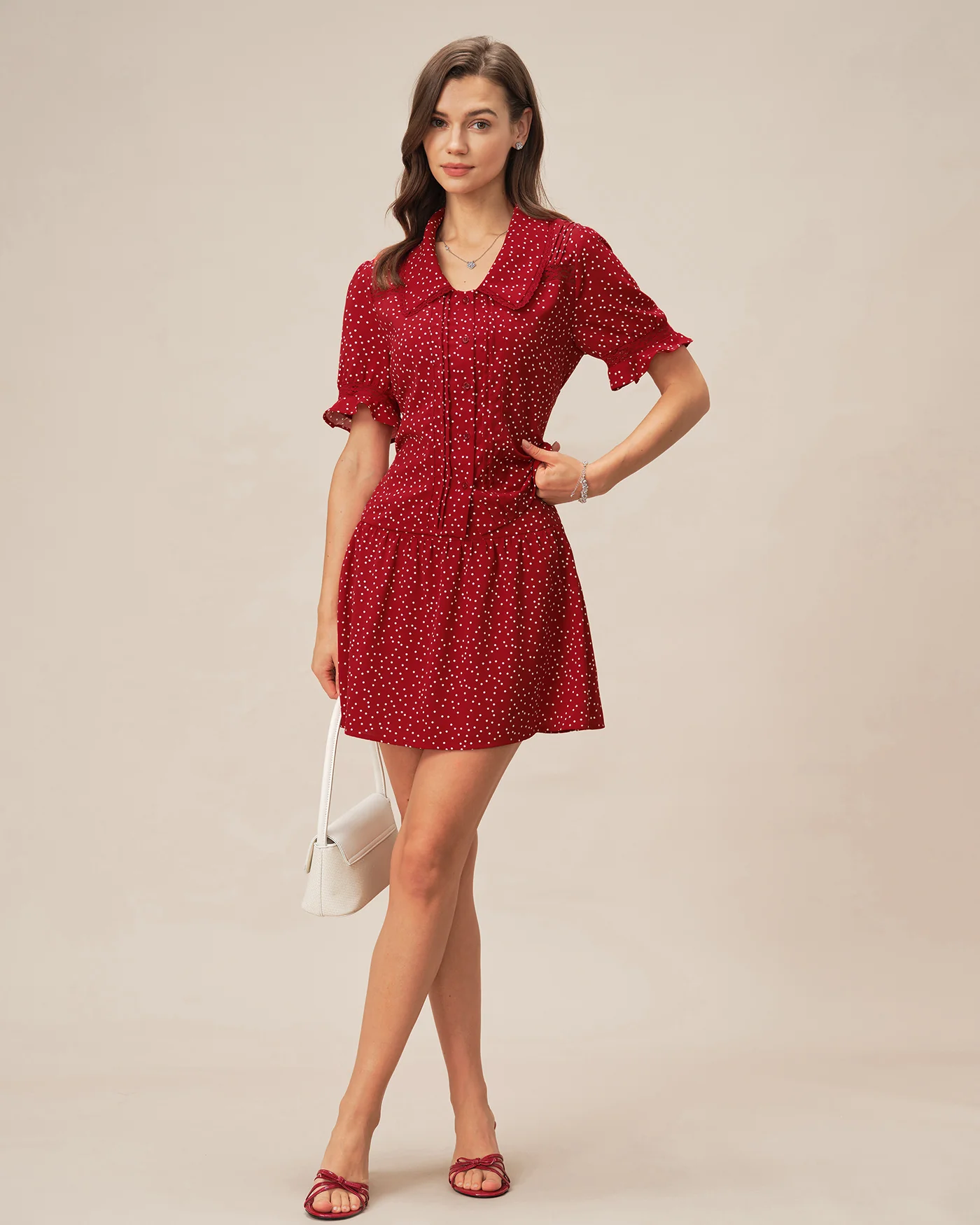 Red Puffed Sleeve Polka Dot Collar Blouse - Image 6