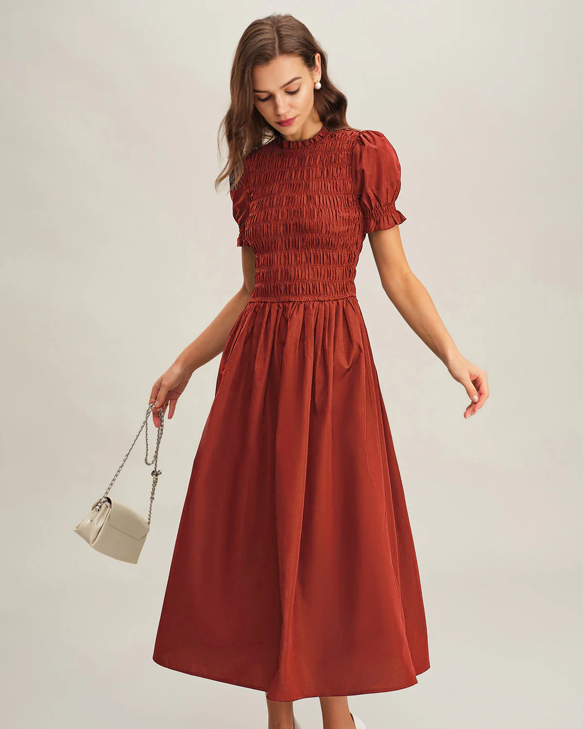 Red Puffed Sleeve Shirred A-Line Midi Dress