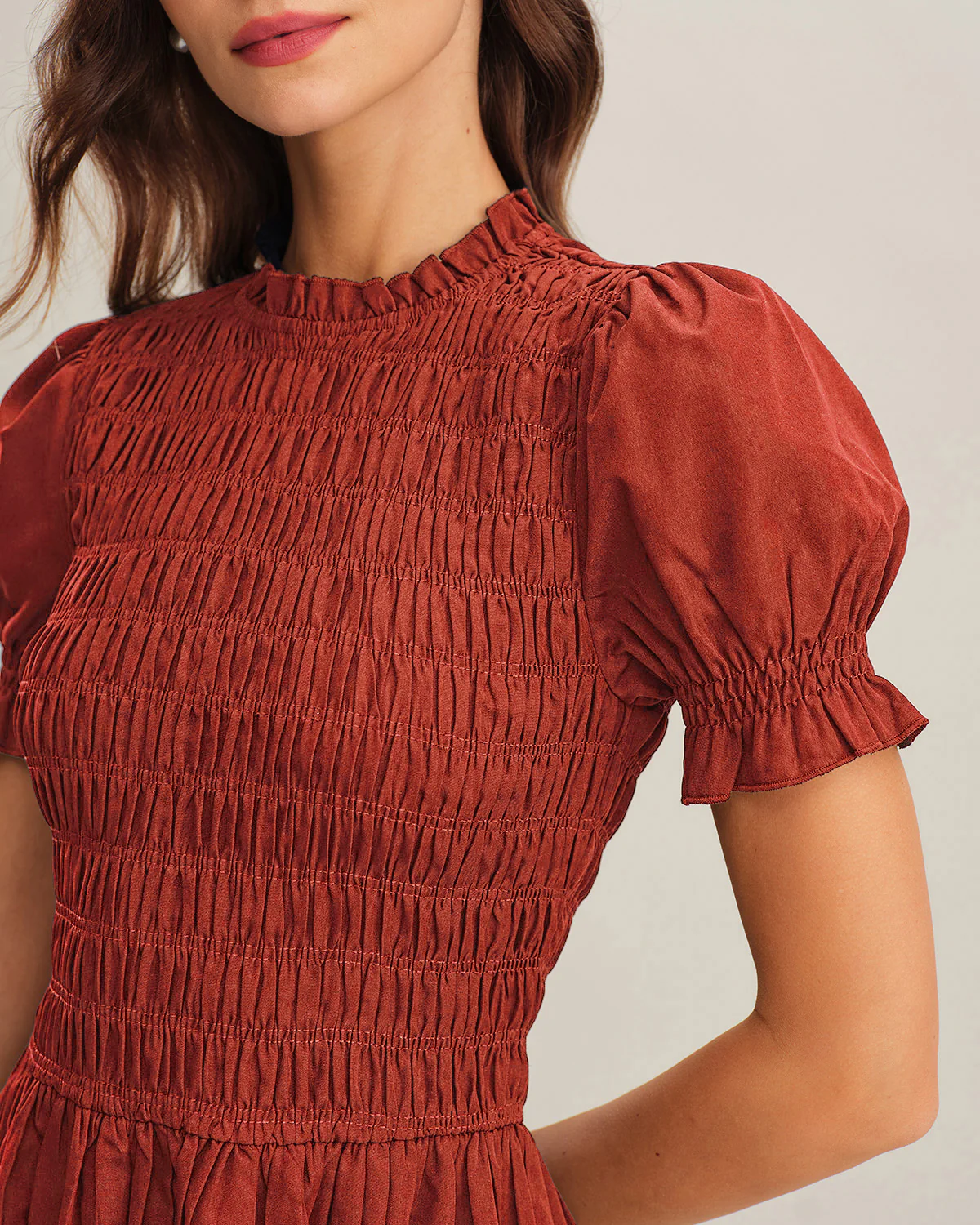 Red Puffed Sleeve Shirred A-Line Midi Dress - Image 2