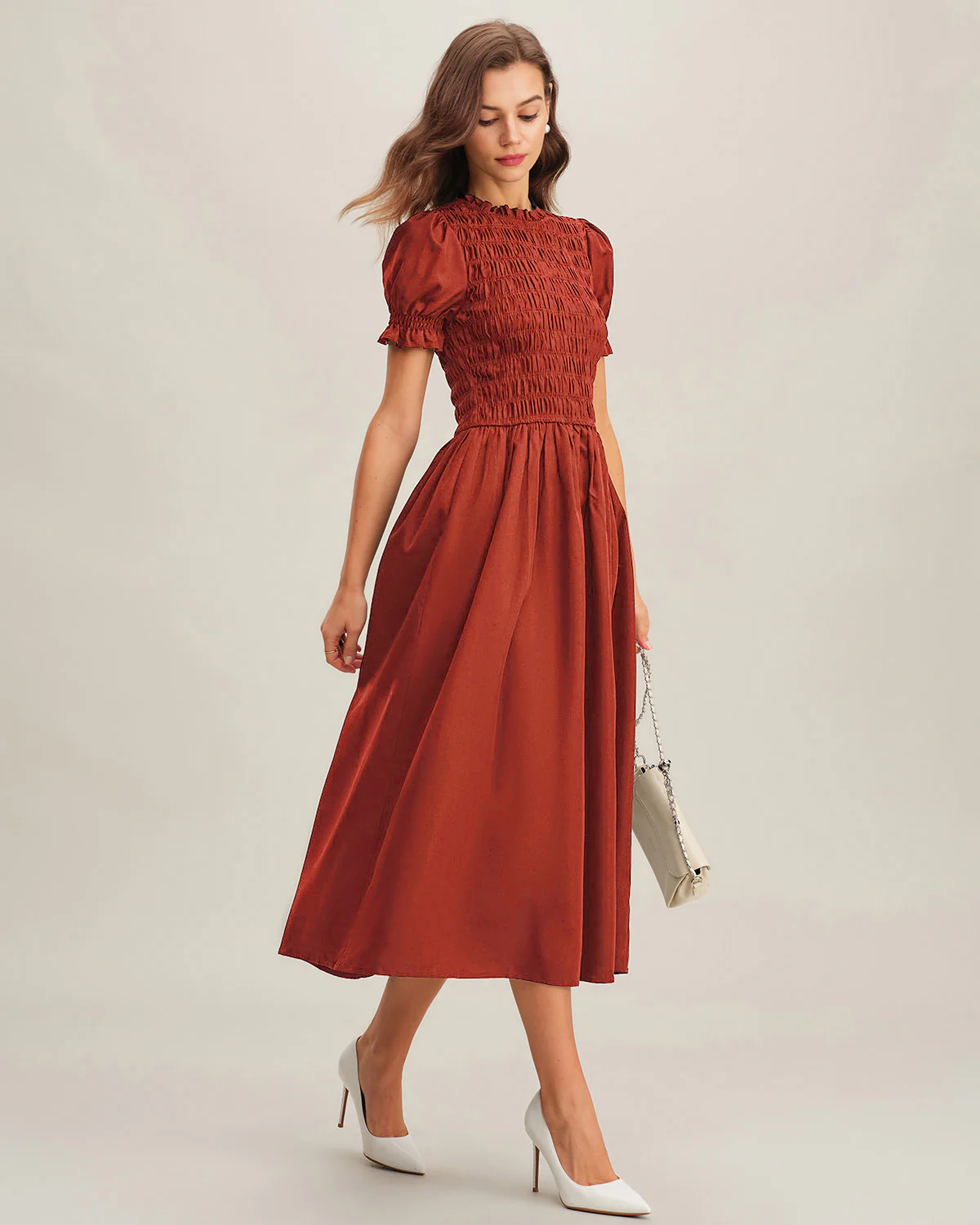 Red Puffed Sleeve Shirred A-Line Midi Dress - Image 3
