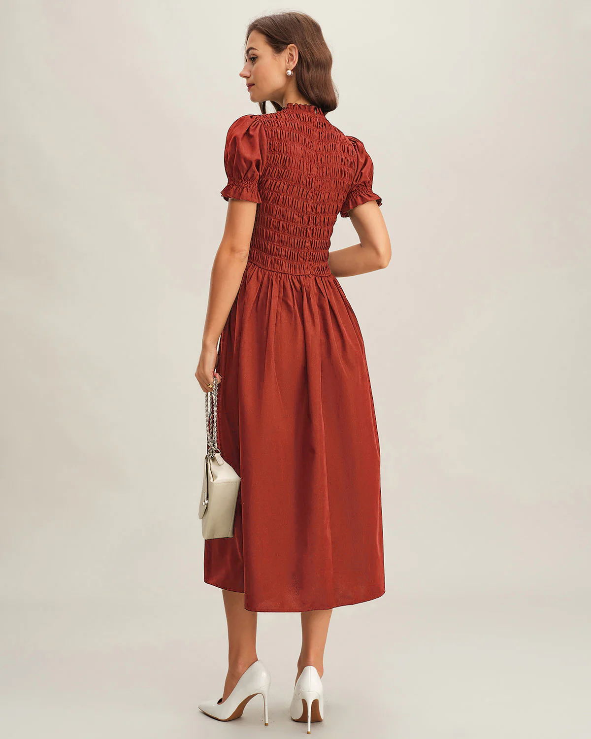 Red Puffed Sleeve Shirred A-Line Midi Dress - Image 4