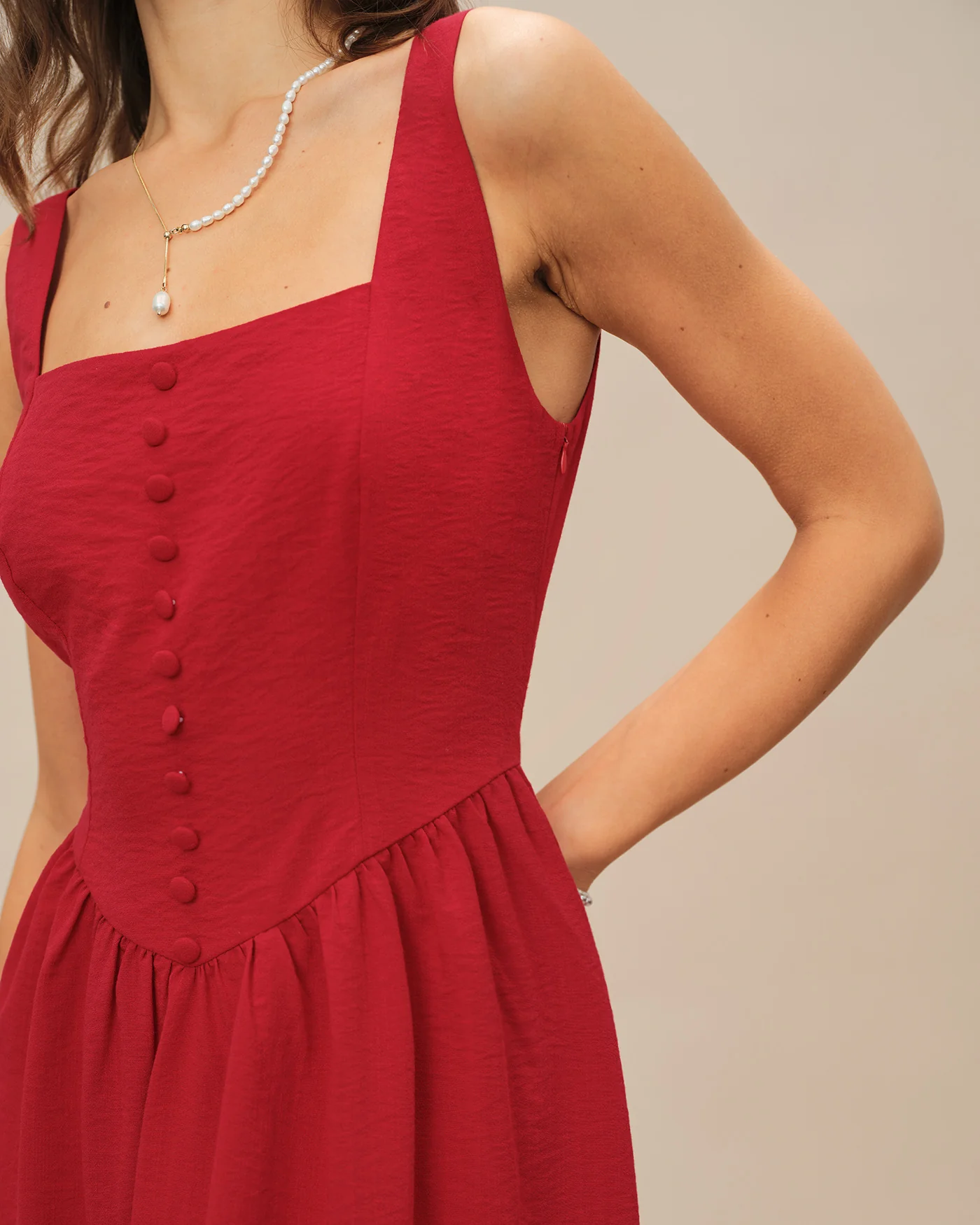 Red Square Neck Midi Dress - Image 2