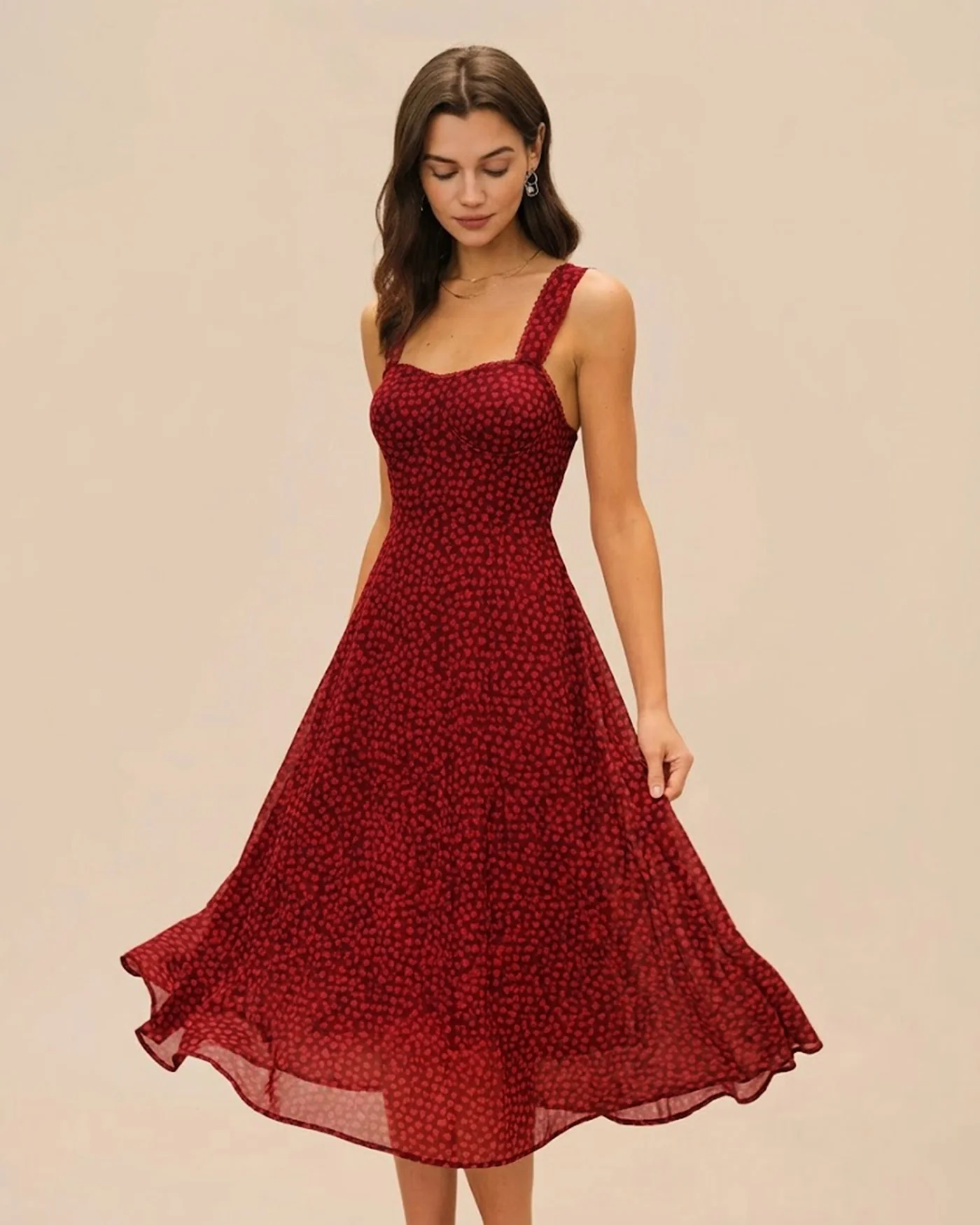 Red Sweetheart Neck Floral Midi Dress