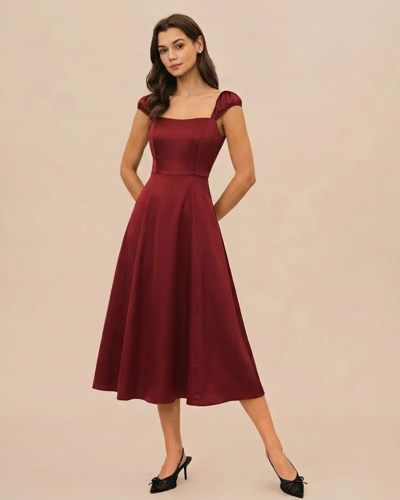 Red Sweetheart Neck Satin Midi Dress