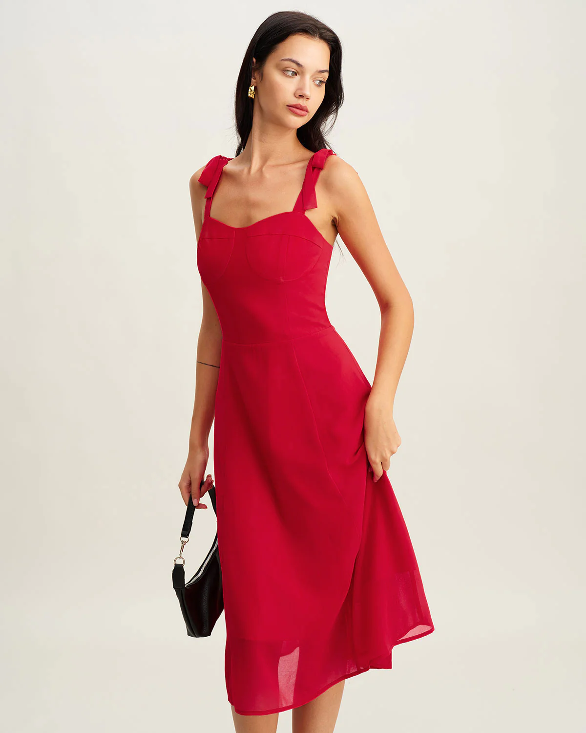 Red Sweetheart Neck Tie Strap Midi Dress - Image 3