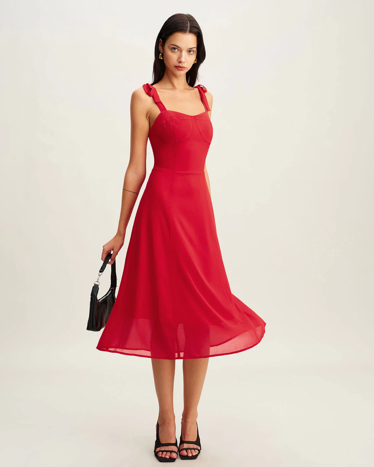 Red Sweetheart Neck Tie Strap Midi Dress - Image 5