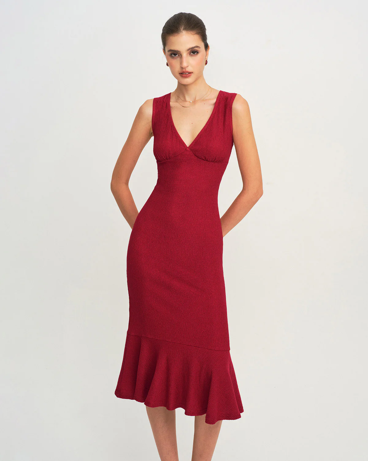 Red V Neck A-Line Midi Dress - Image 4