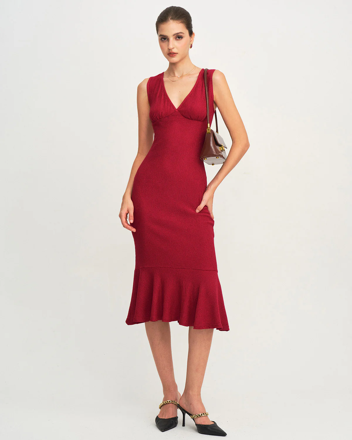 Red V Neck A-Line Midi Dress - Image 5