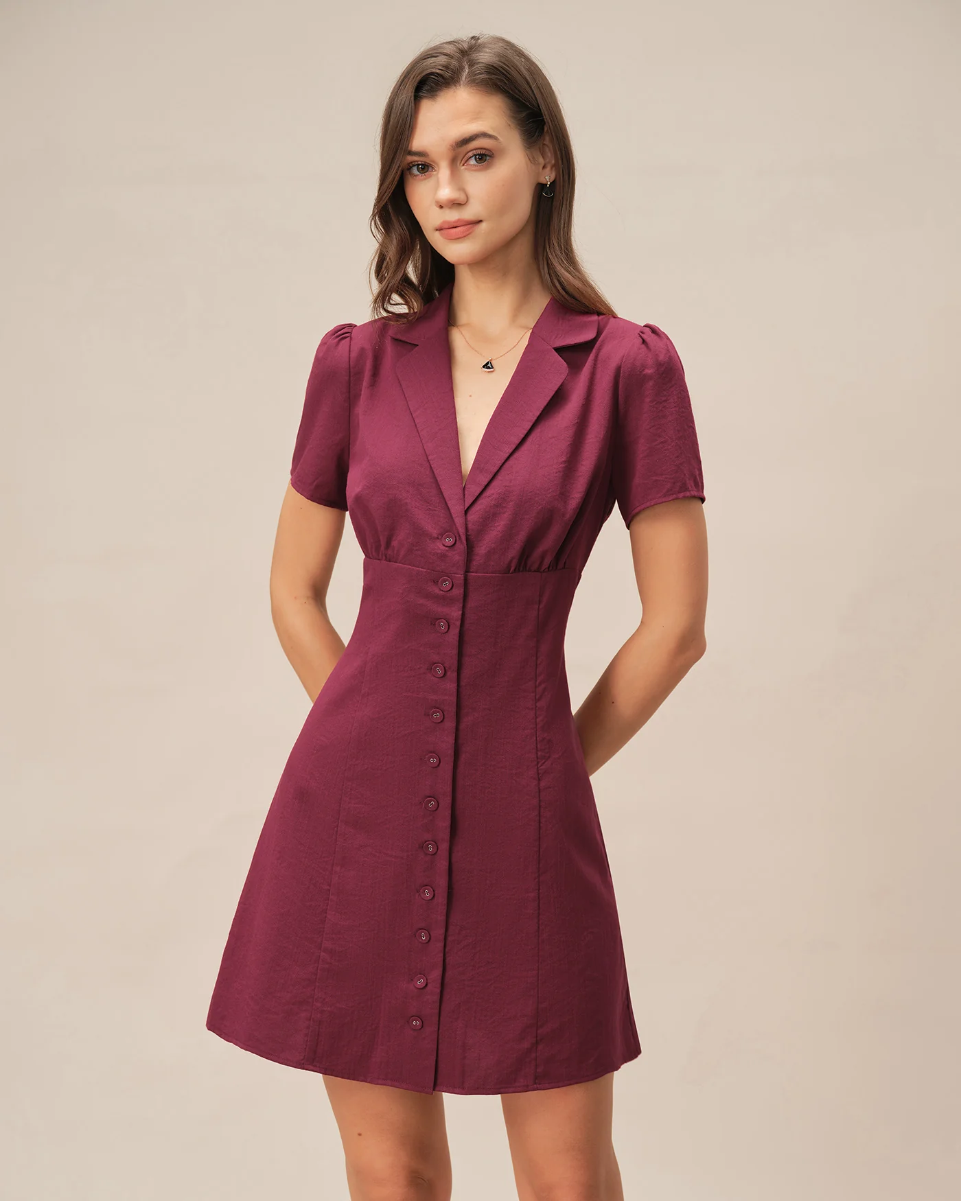 Red V Neck Button Mini Dress