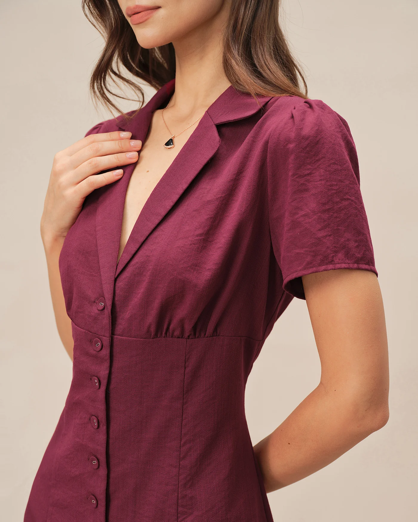 Red V Neck Button Mini Dress - Image 2