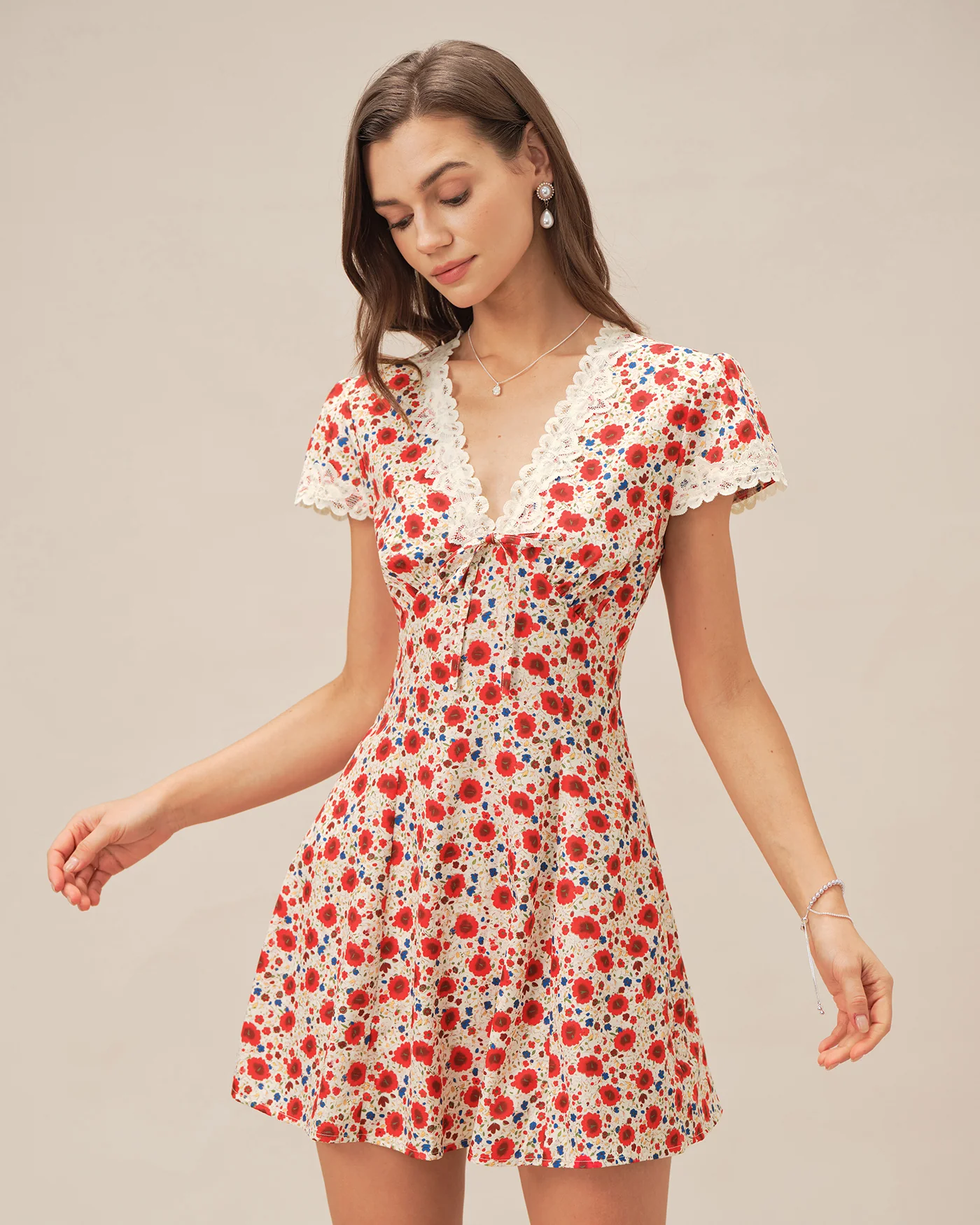 Red V Neck Floral Lace Mini Dress