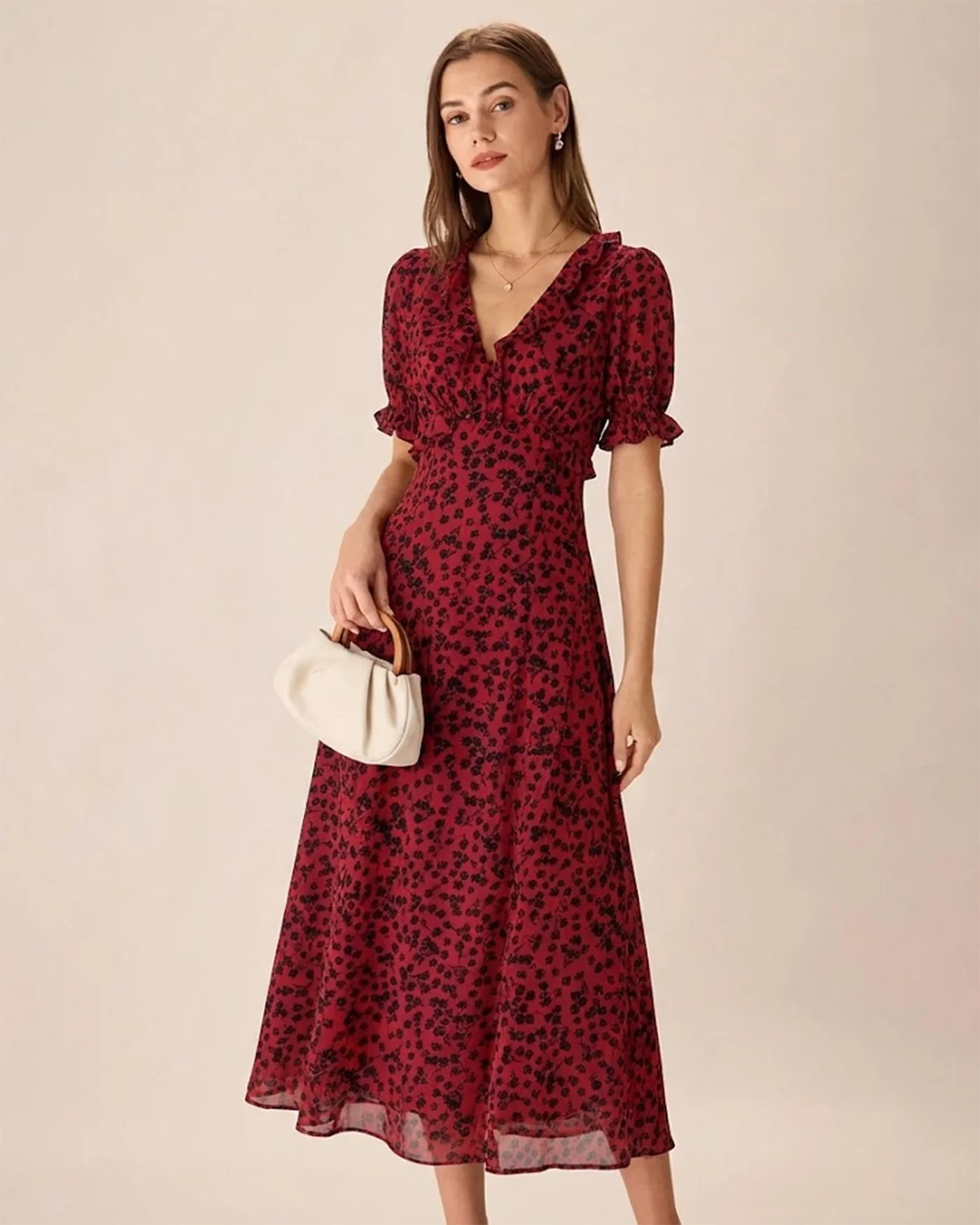 Red V Neck Floral Maxi Dress