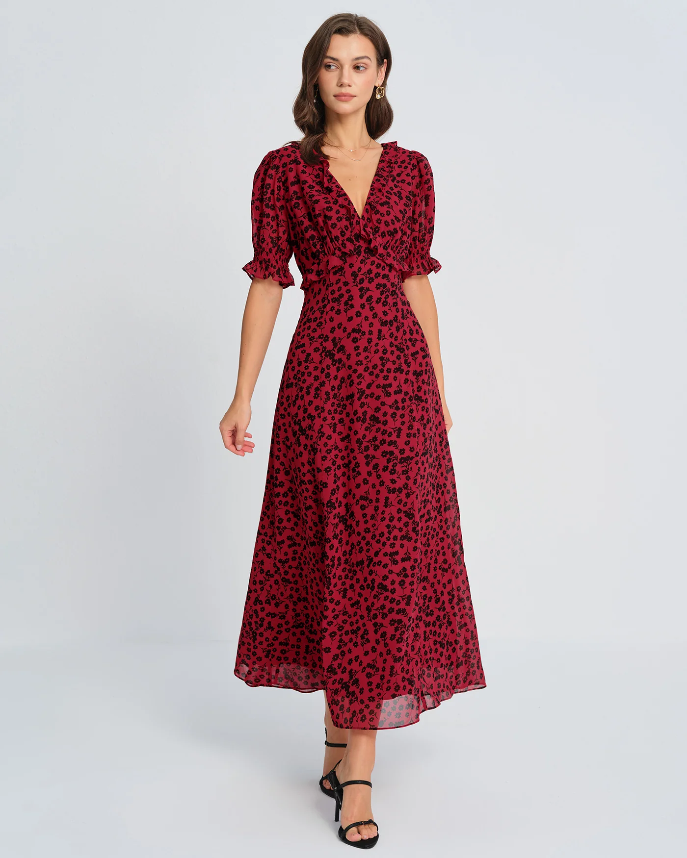 Red V Neck Floral Maxi Dress - Image 2