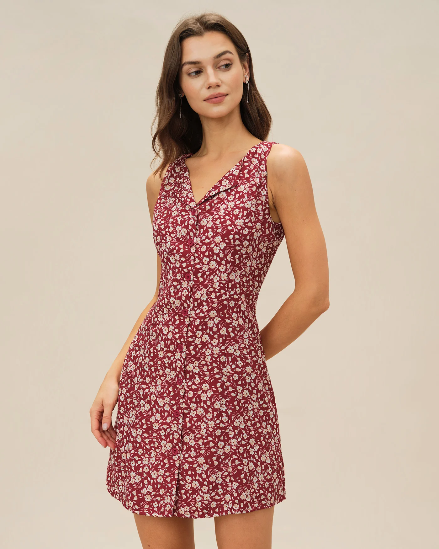 Red V Neck Floral Mini Dress - Image 3