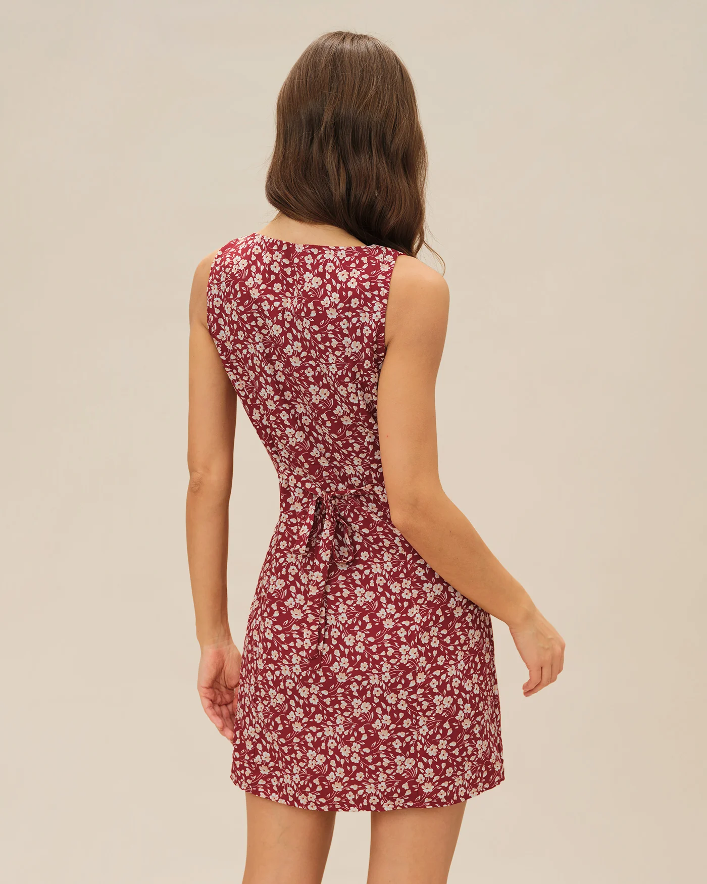 Red V Neck Floral Mini Dress - Image 4