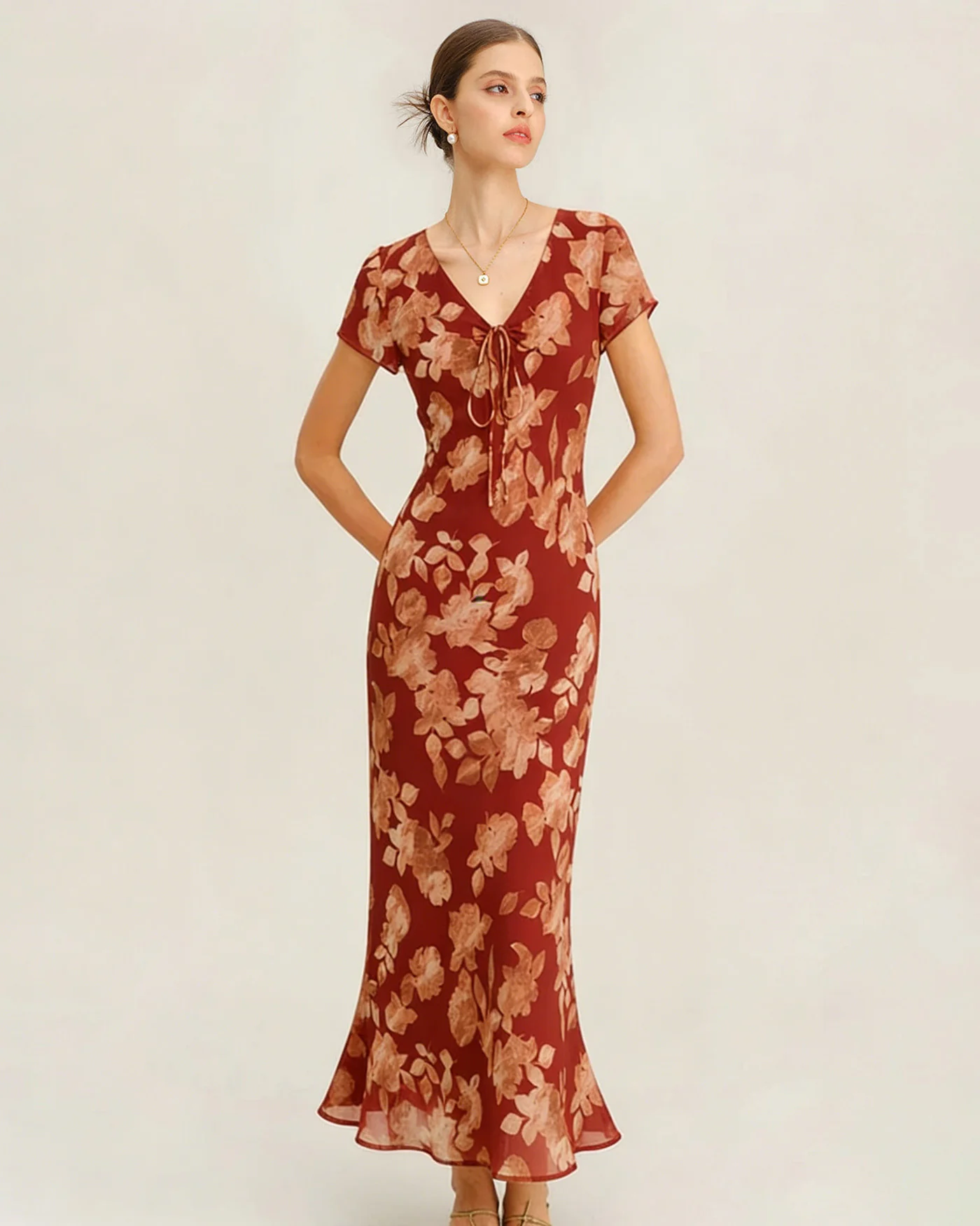 Red V Neck Floral Tunic Maxi Dress