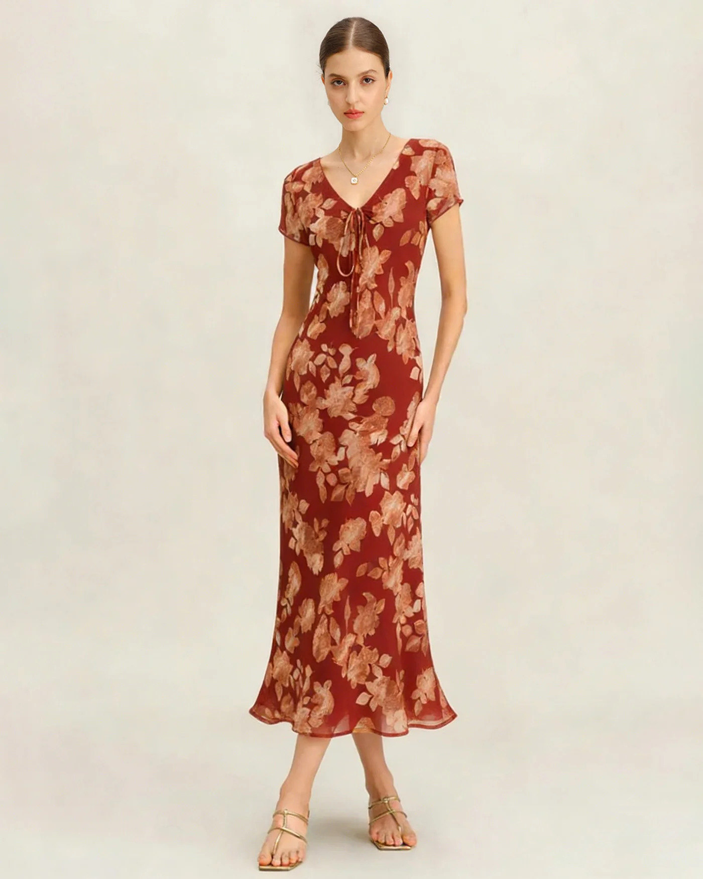 Red V Neck Floral Tunic Maxi Dress - Image 3