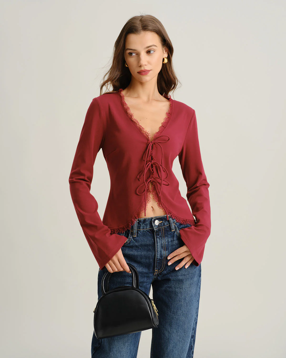 Red V Neck Tie-front Cardigan - Image 3