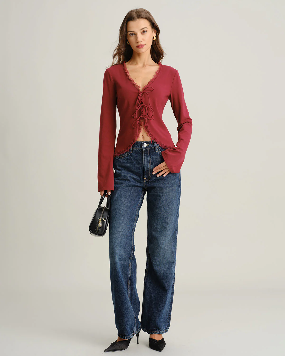 Red V Neck Tie-front Cardigan - Image 5