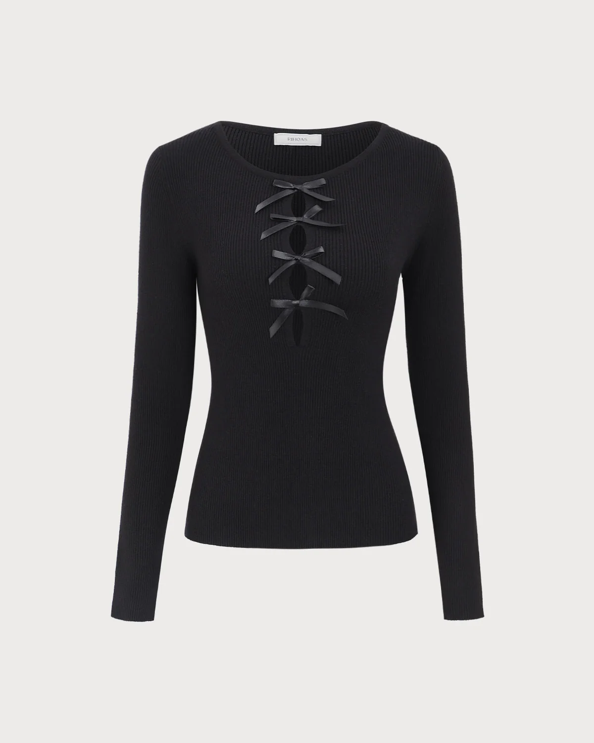 The Black Boat Neck Bowknot Front Knit Top - Image 7