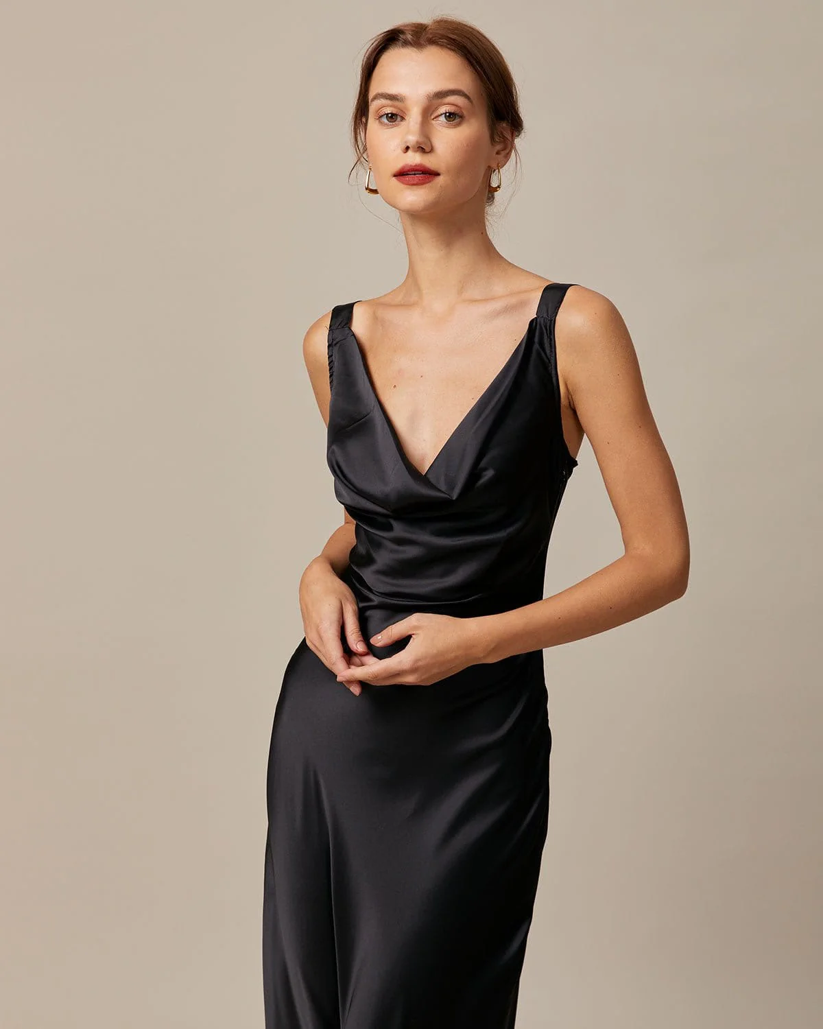 The Black Cowl Neck Sheath Satin Maxi Dress - Image 3