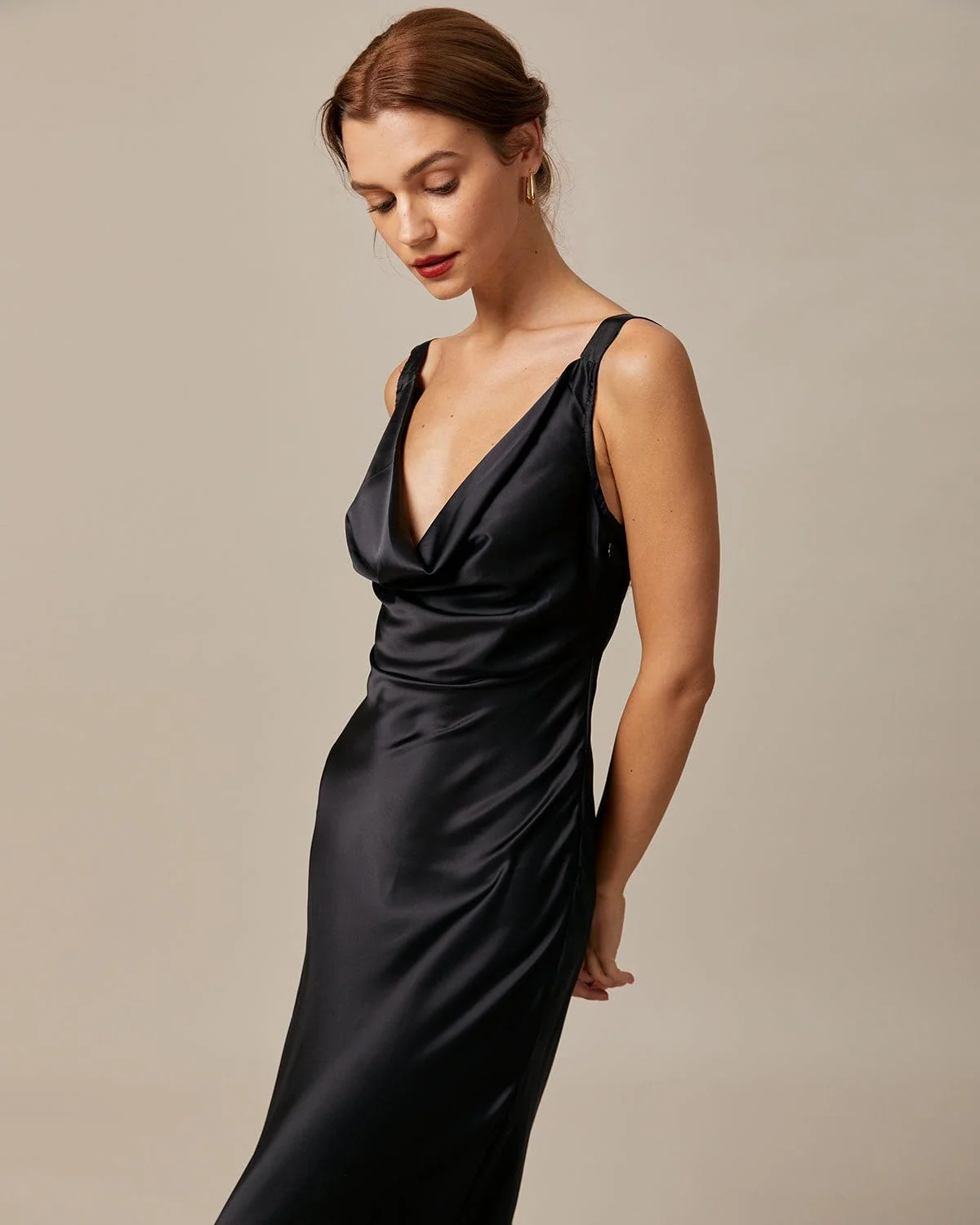 The Black Cowl Neck Sheath Satin Maxi Dress - Image 5
