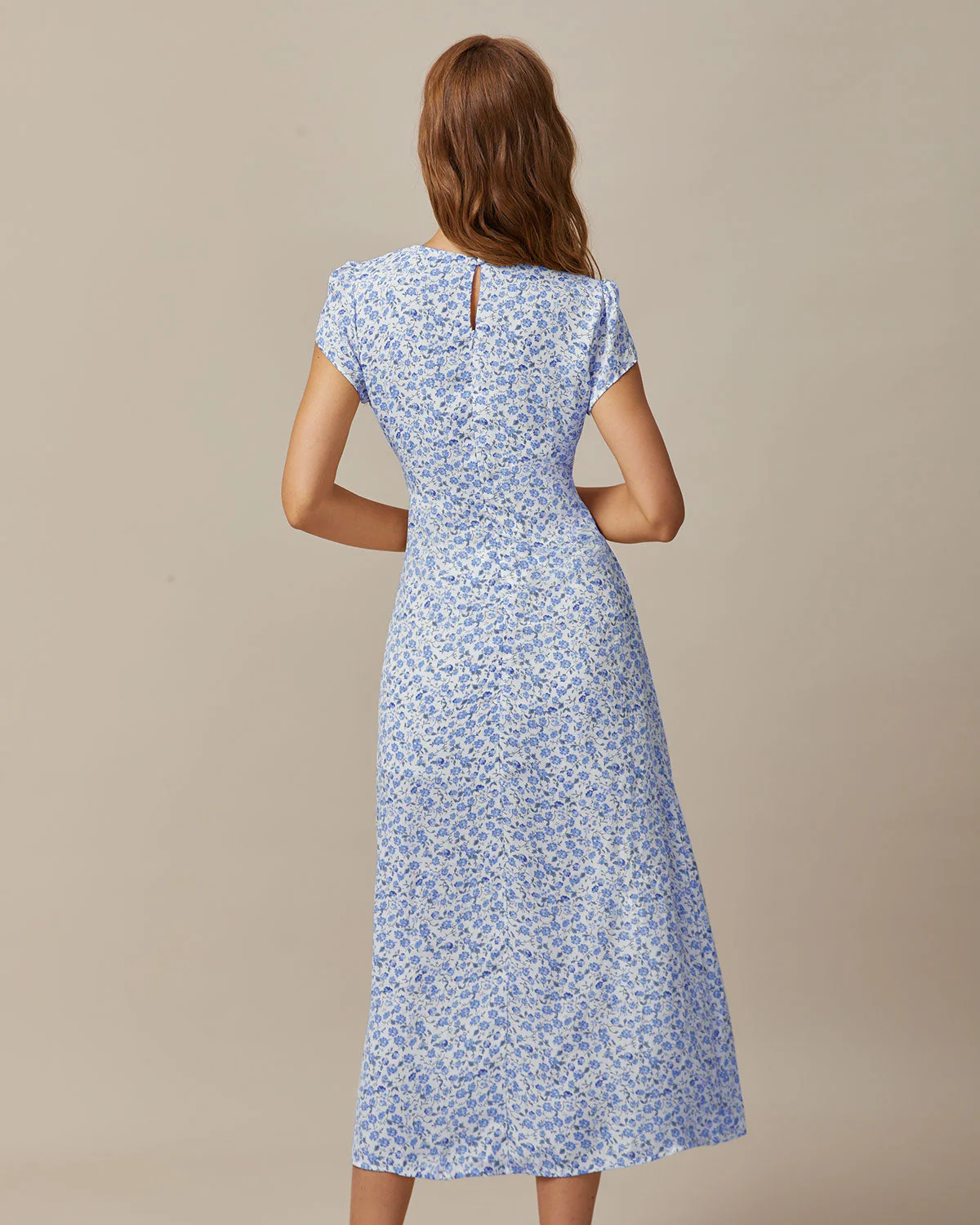 The Blue Round Neck Floral Slit Midi Dress - Image 4
