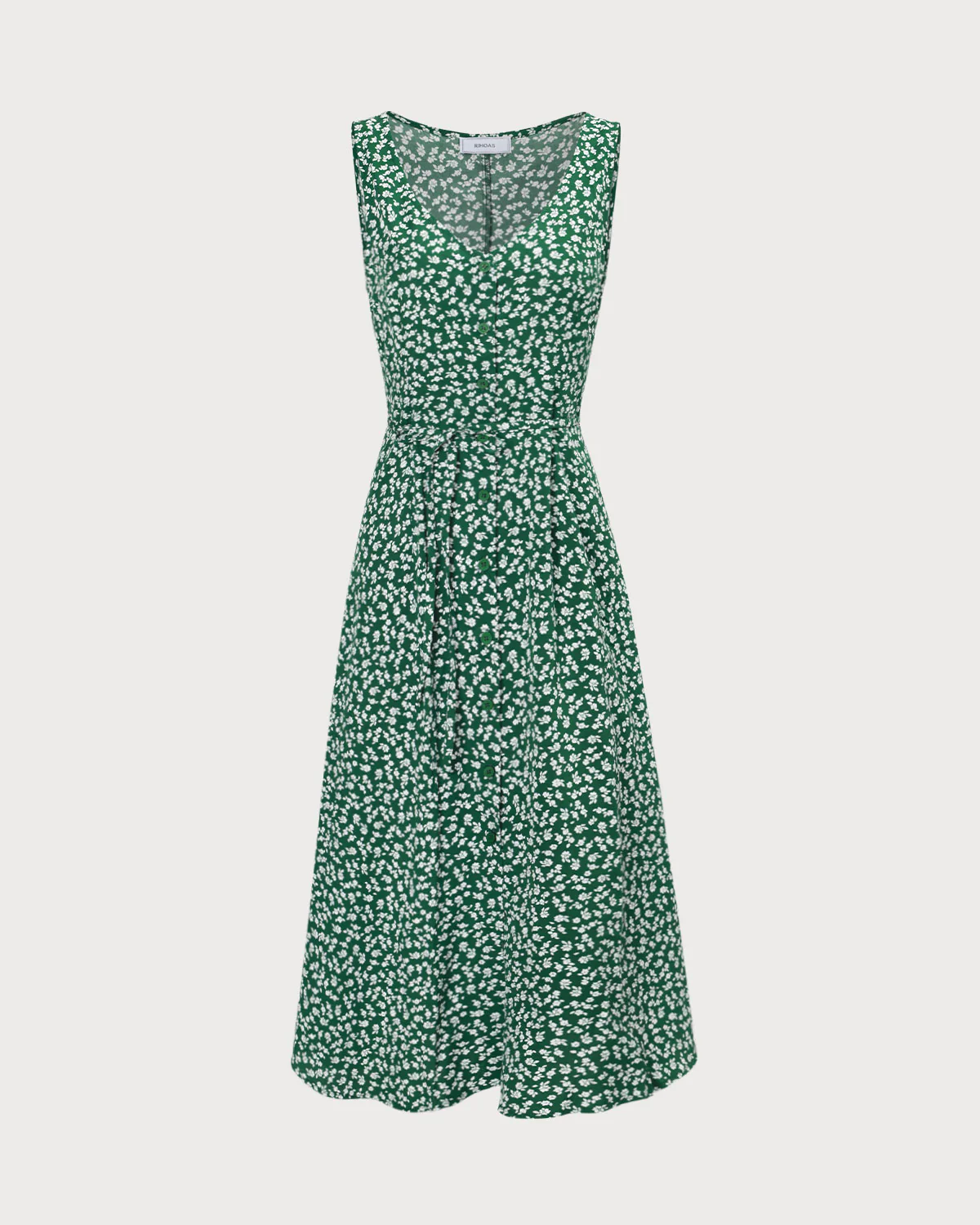 The Green V Neck Floral Button Midi Dress - Image 7