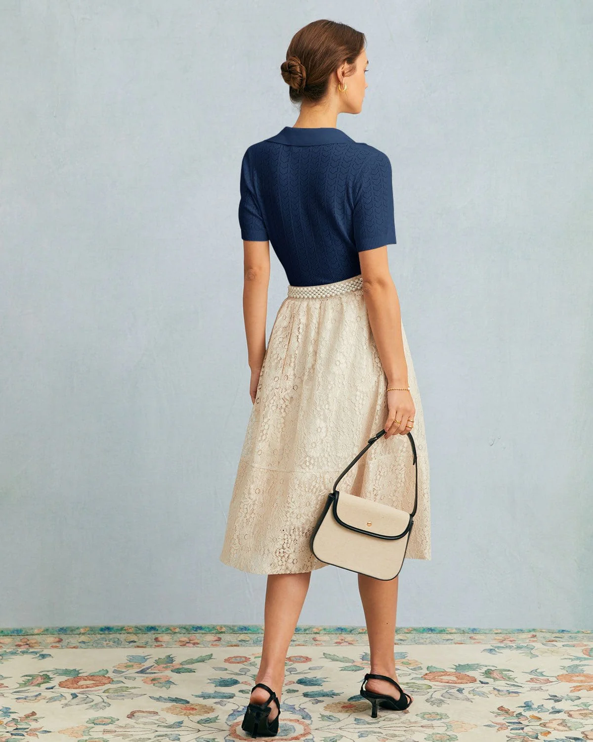 The Navy Collared Pointelle Knit Top - Image 3