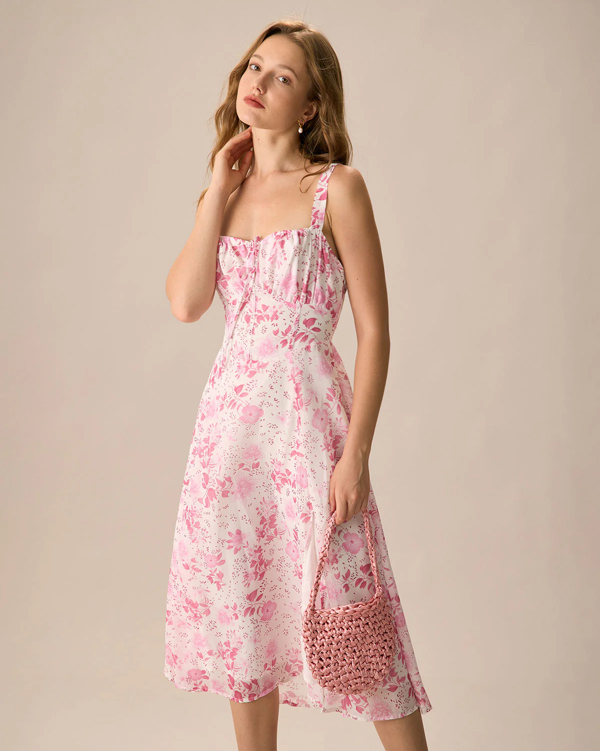 The Pink Square Neck Floral Ruched Midi Dress - Image 3
