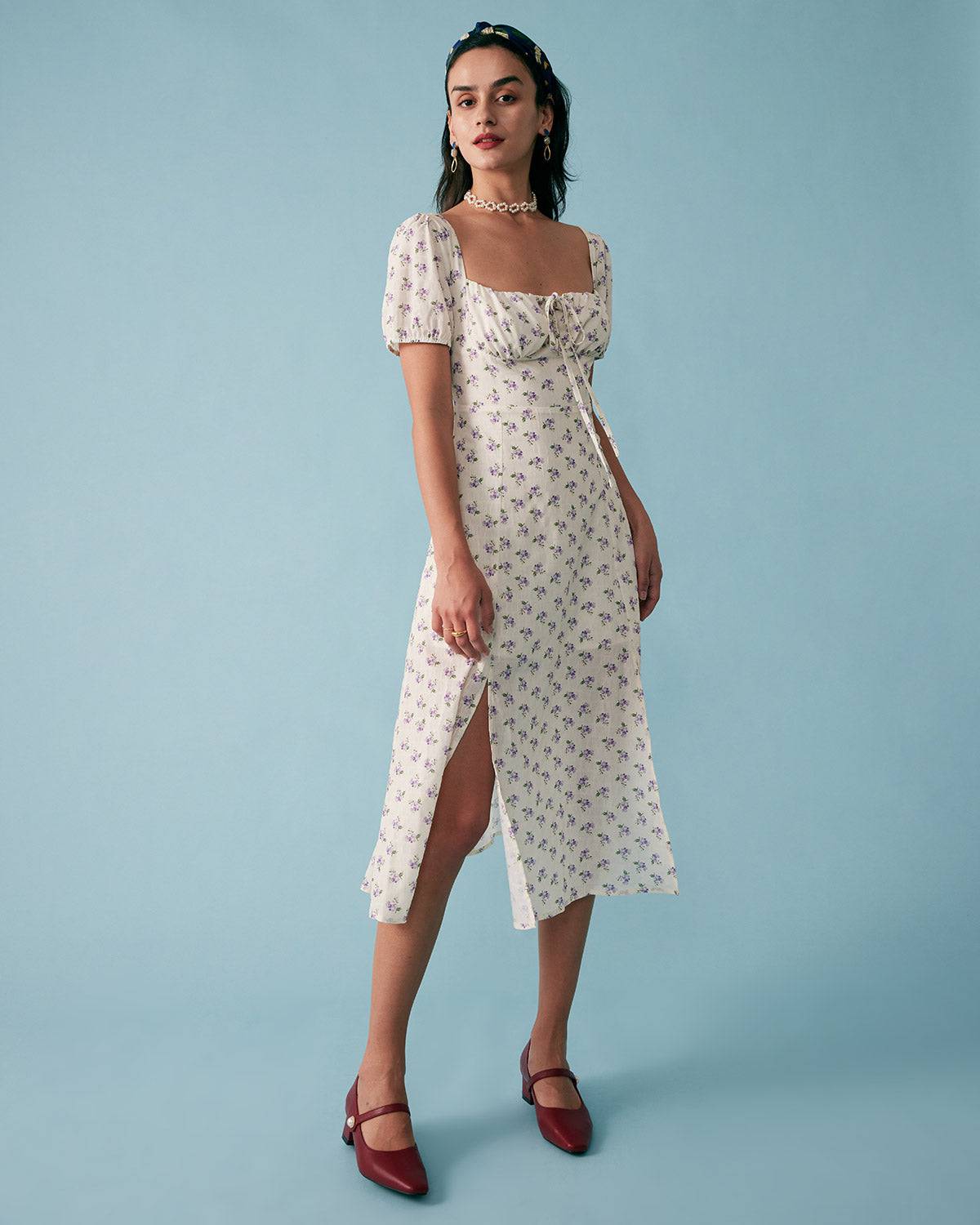 The Short Sleeve Floral Ruched Midi Dress - Image 3