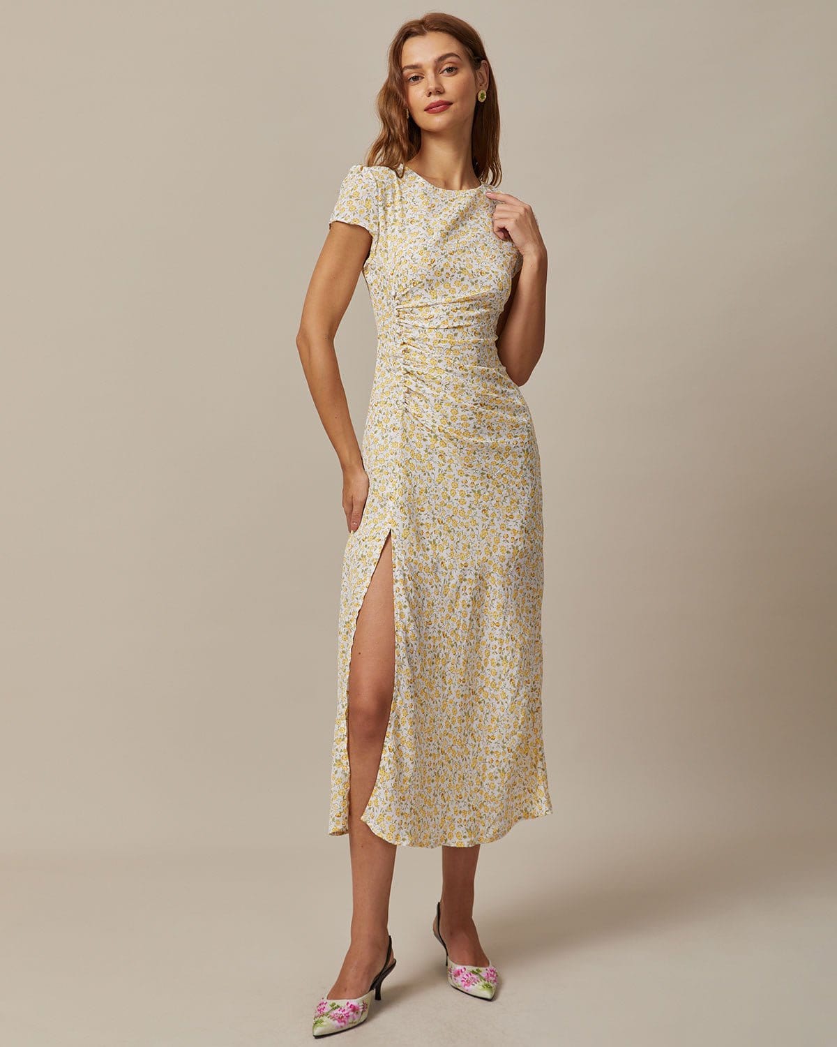 The Yellow Round Neck Floral Midi Dress - Image 3
