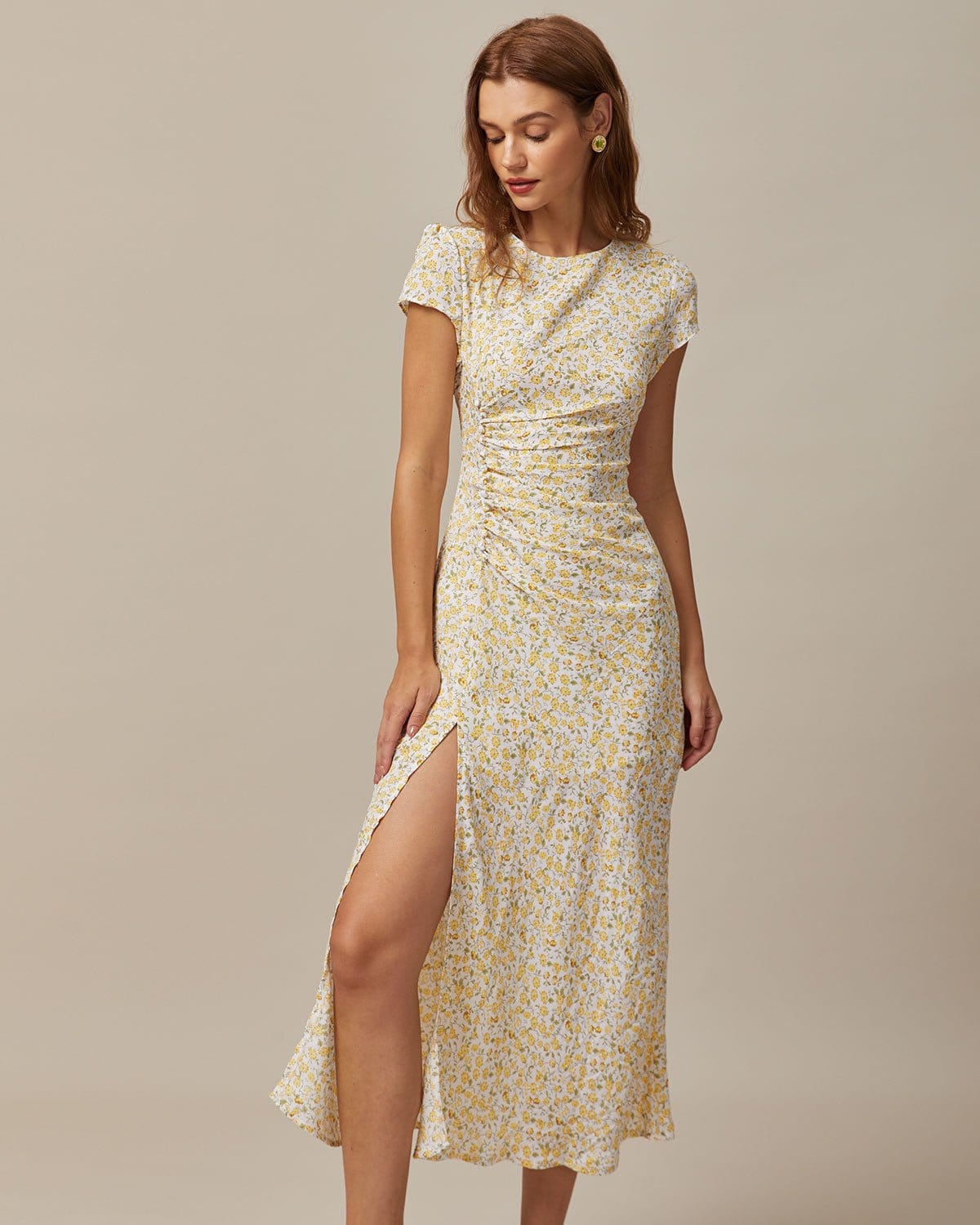 The Yellow Round Neck Floral Midi Dress - Image 4