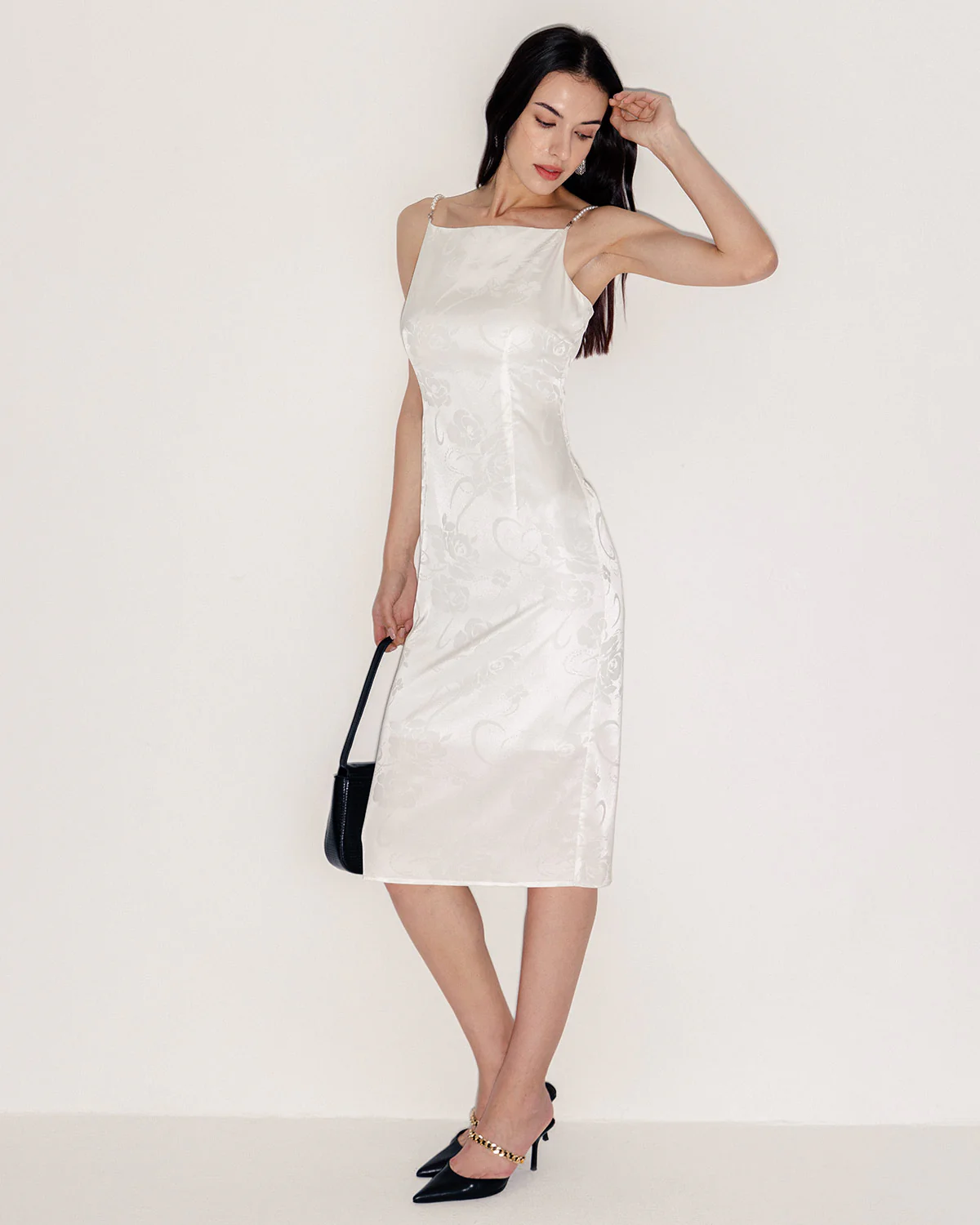 White Beaded Strap Slip Midi Dress - Image 3