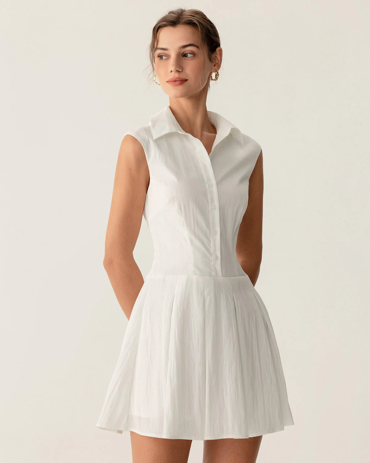 White Button A-Line Sleeveless Mini Dress