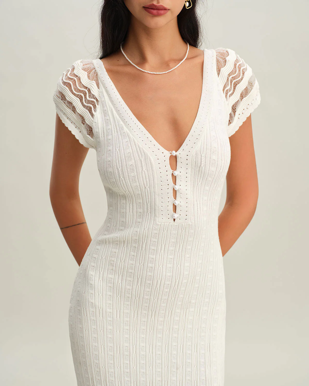 White Crochet Bodycon Sweater Dress - Image 2