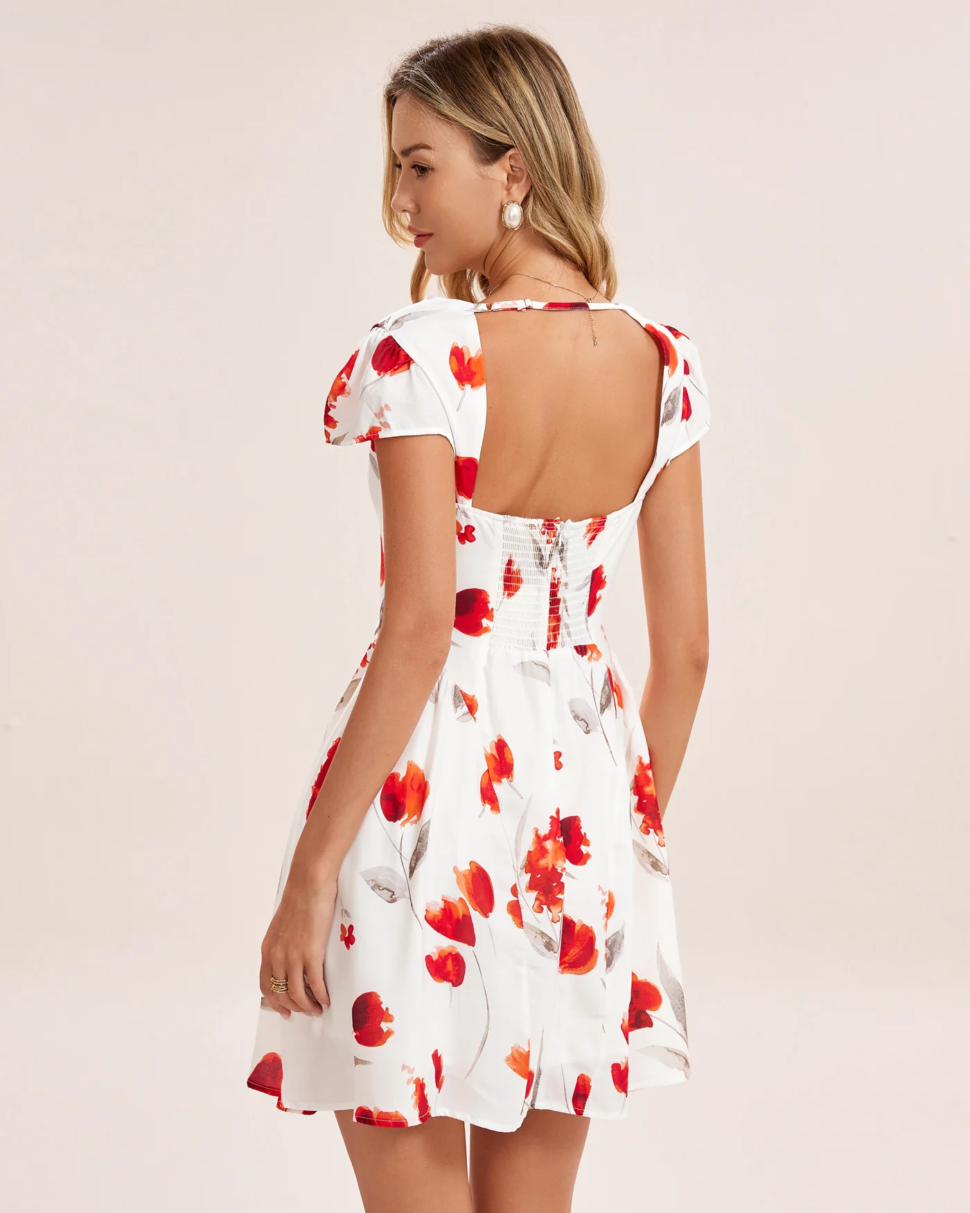 White Floral Shirred Mini Dress - Image 3