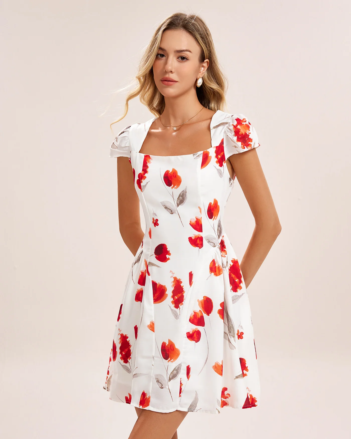 White Floral Shirred Mini Dress - Image 4