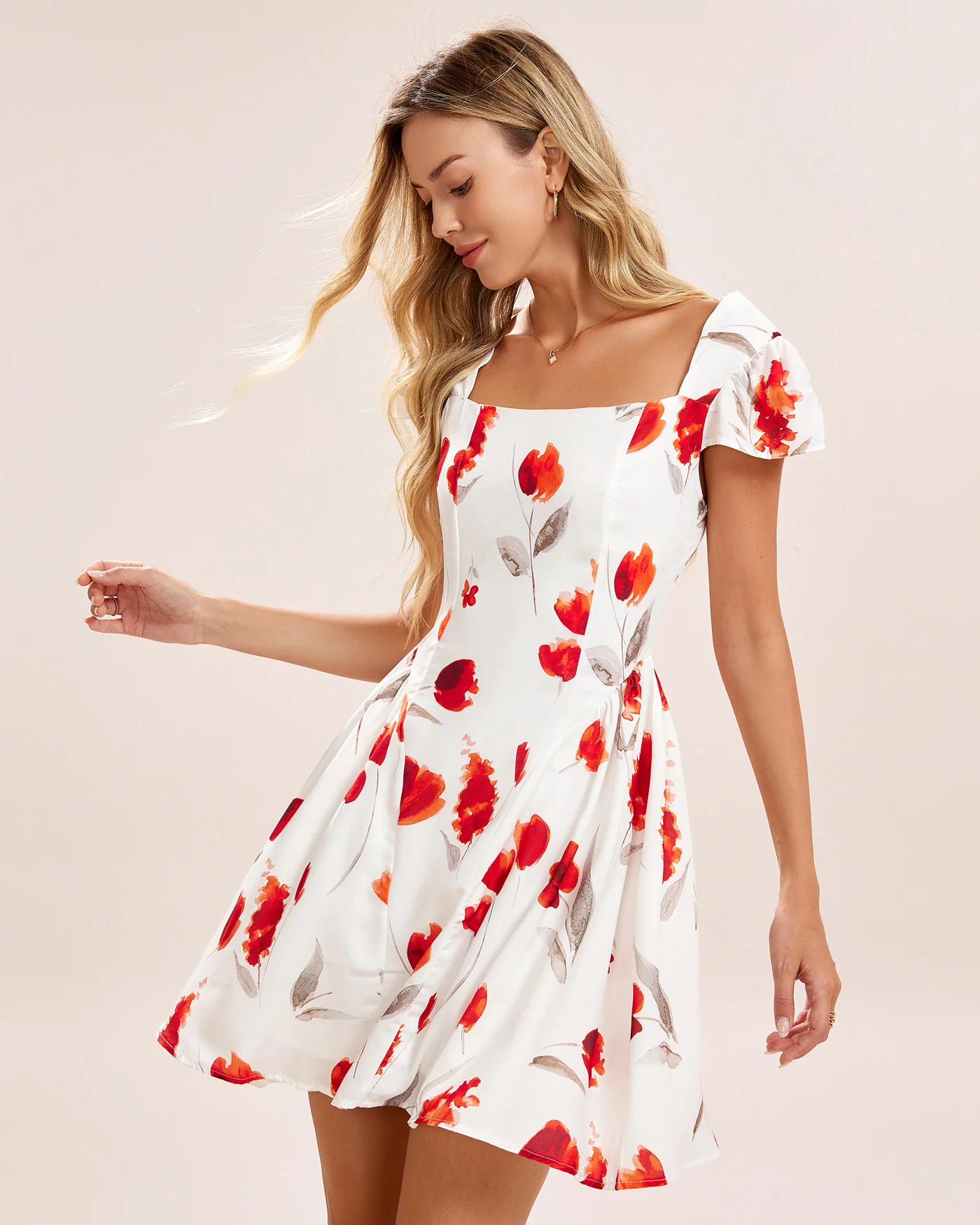 White Floral Shirred Mini Dress - Image 5