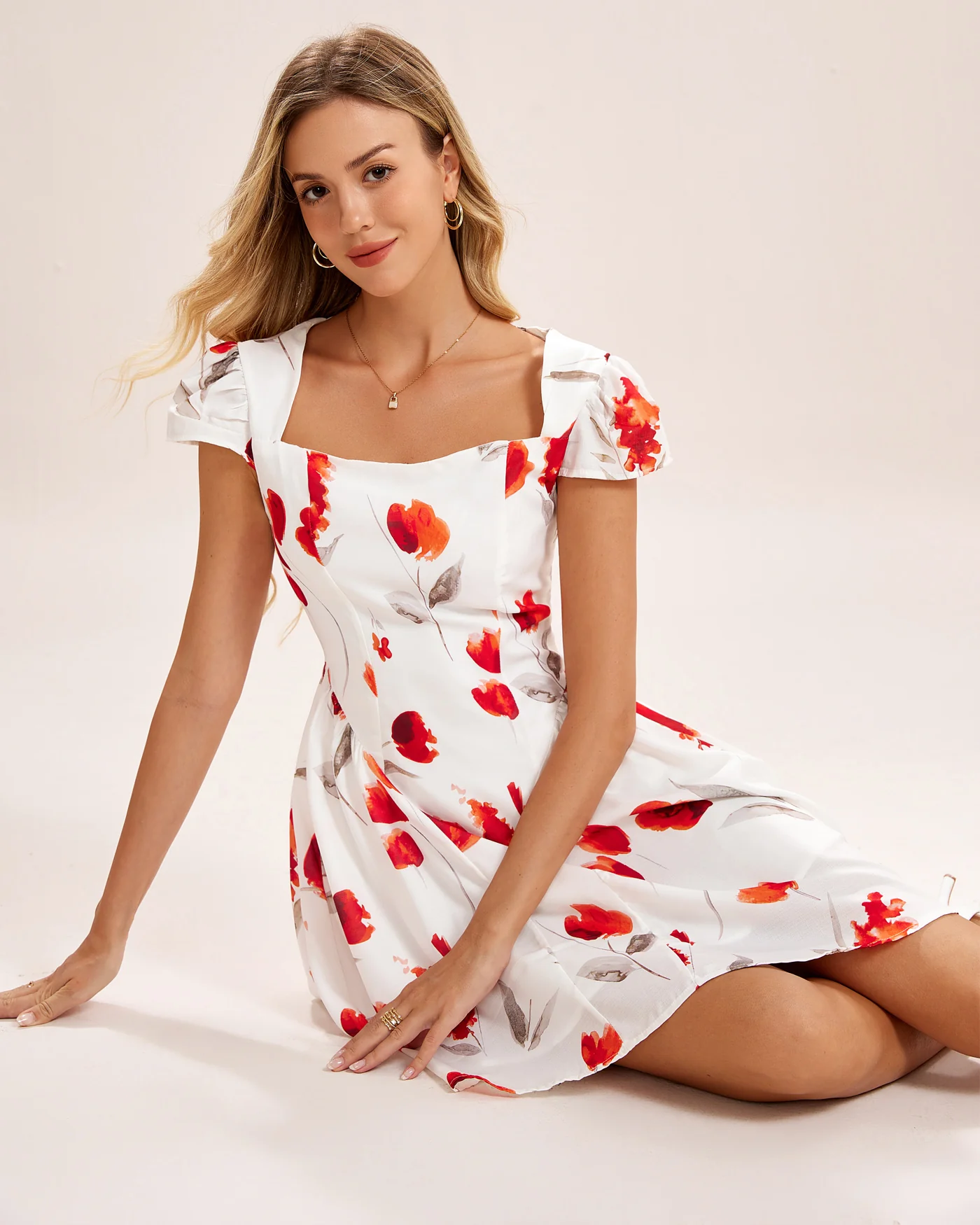 White Floral Shirred Mini Dress - Image 6