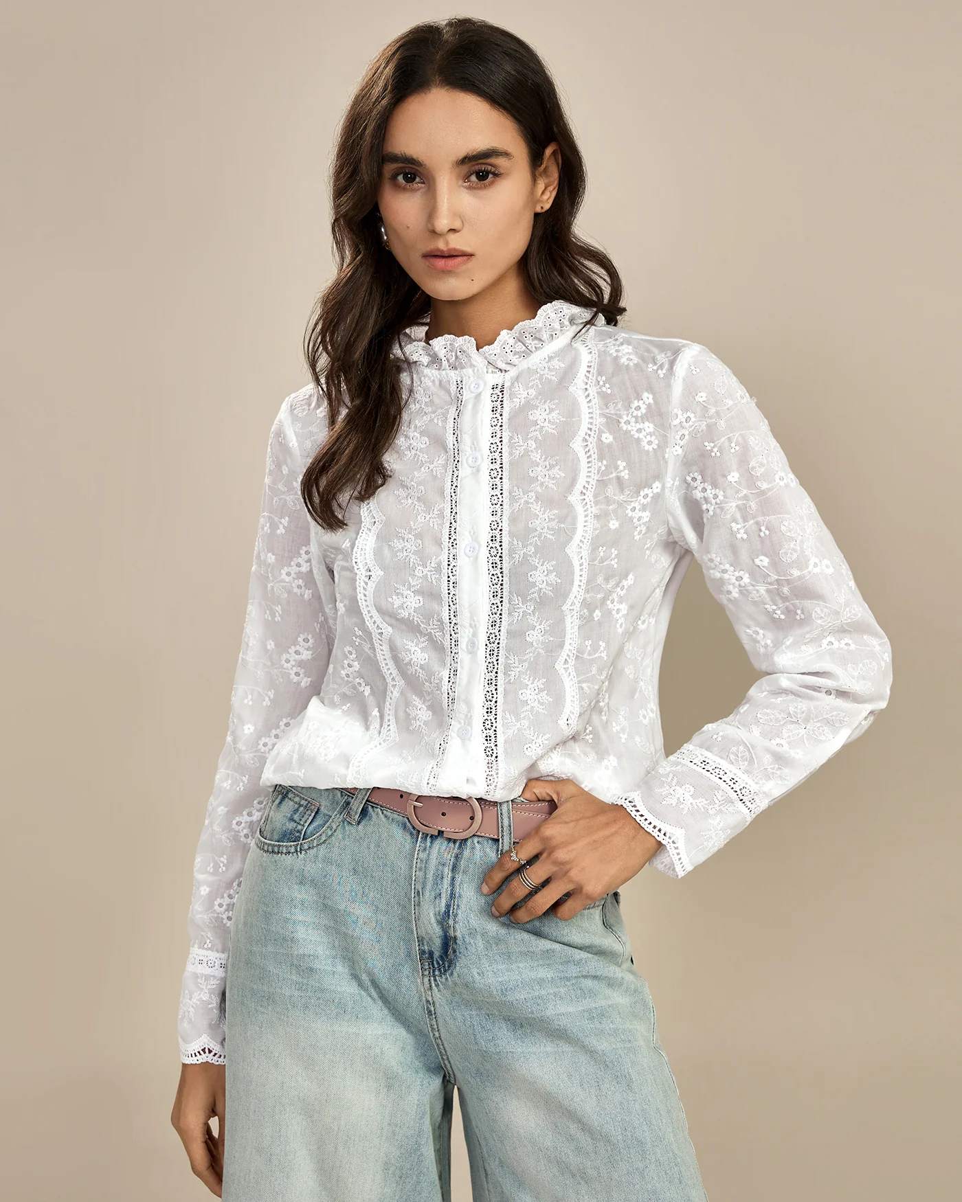 White Floral Textured Ruffled Shirt - Image 2
