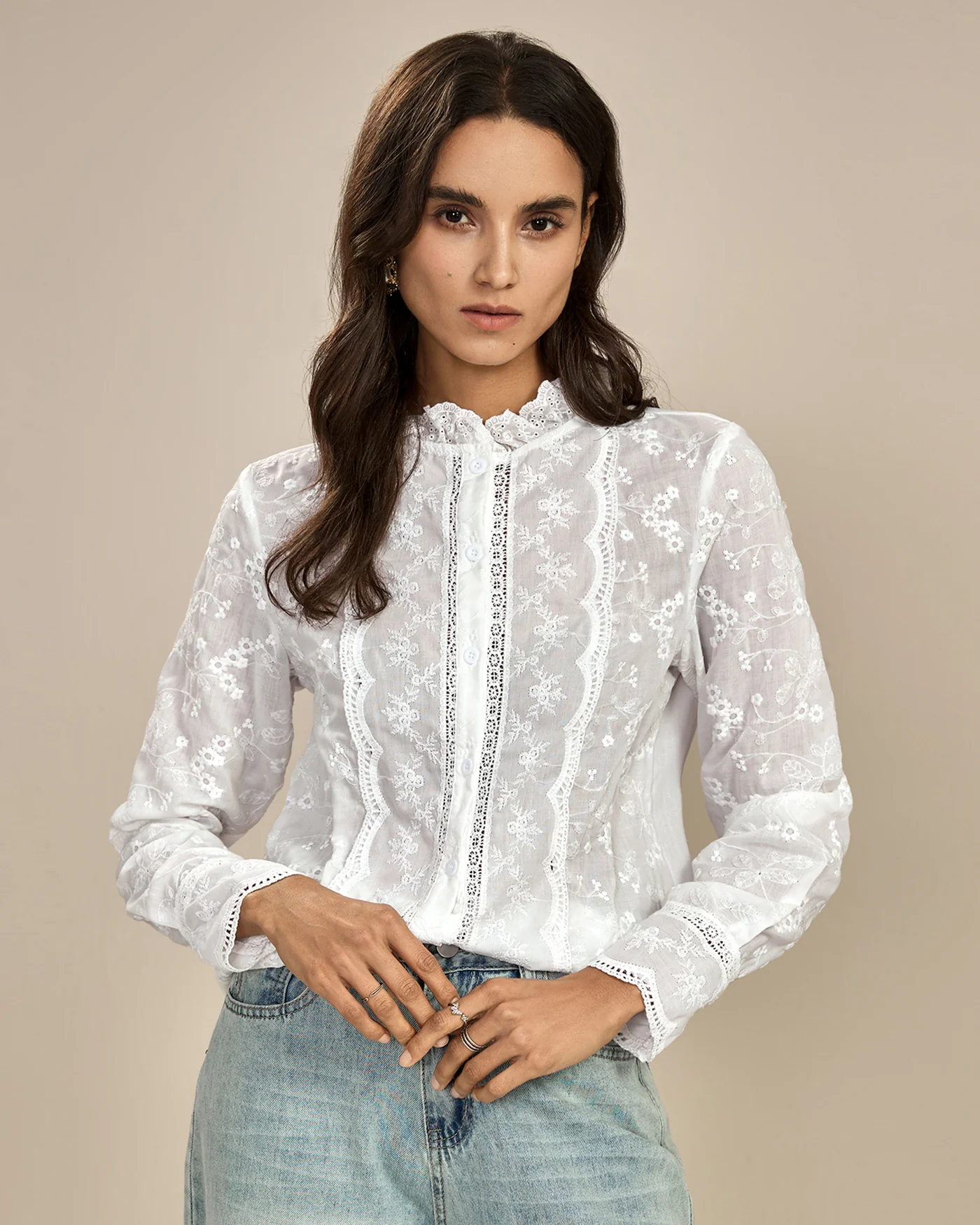 White Floral Textured Ruffled Shirt - Image 4