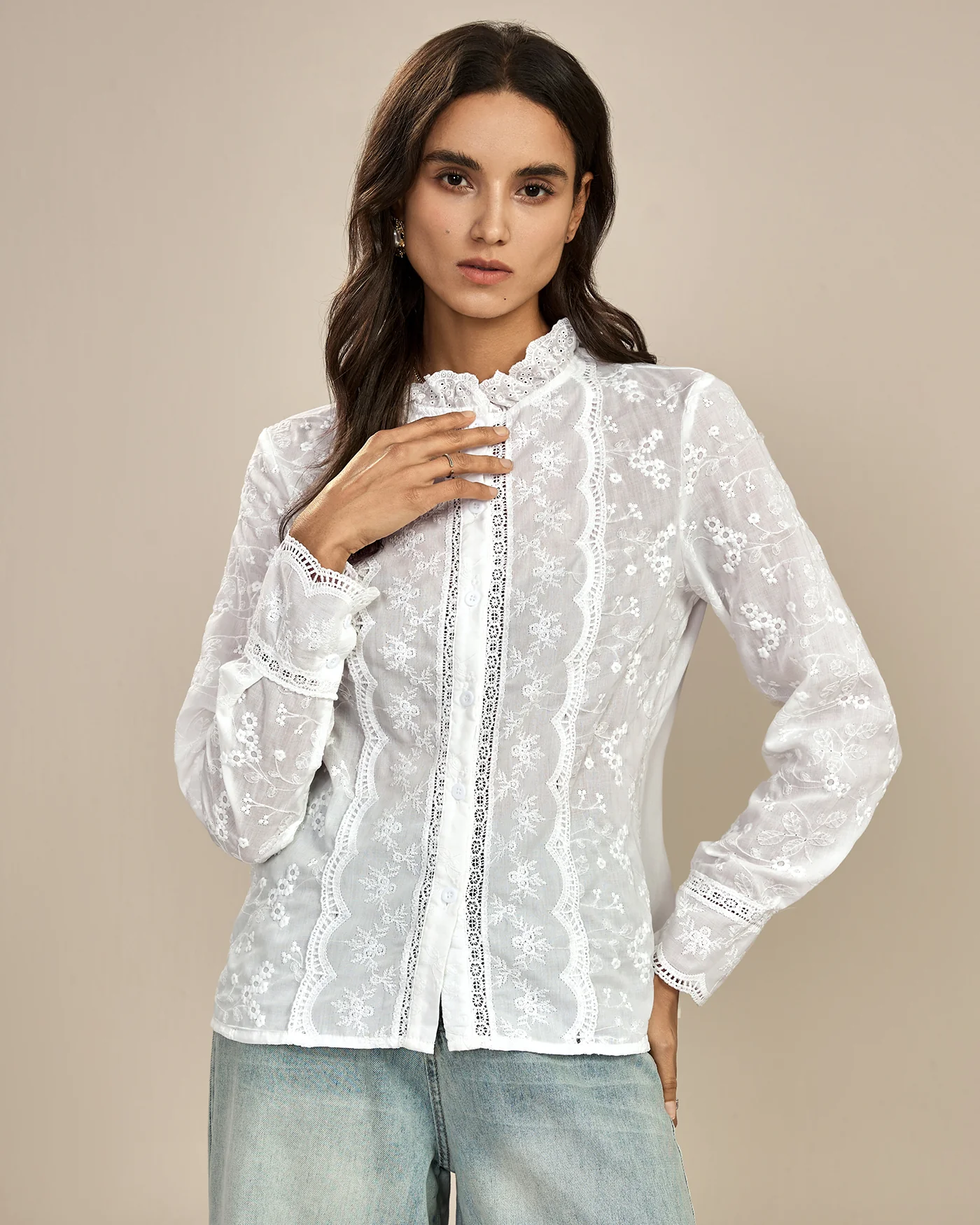 White Floral Textured Ruffled Shirt - Image 5