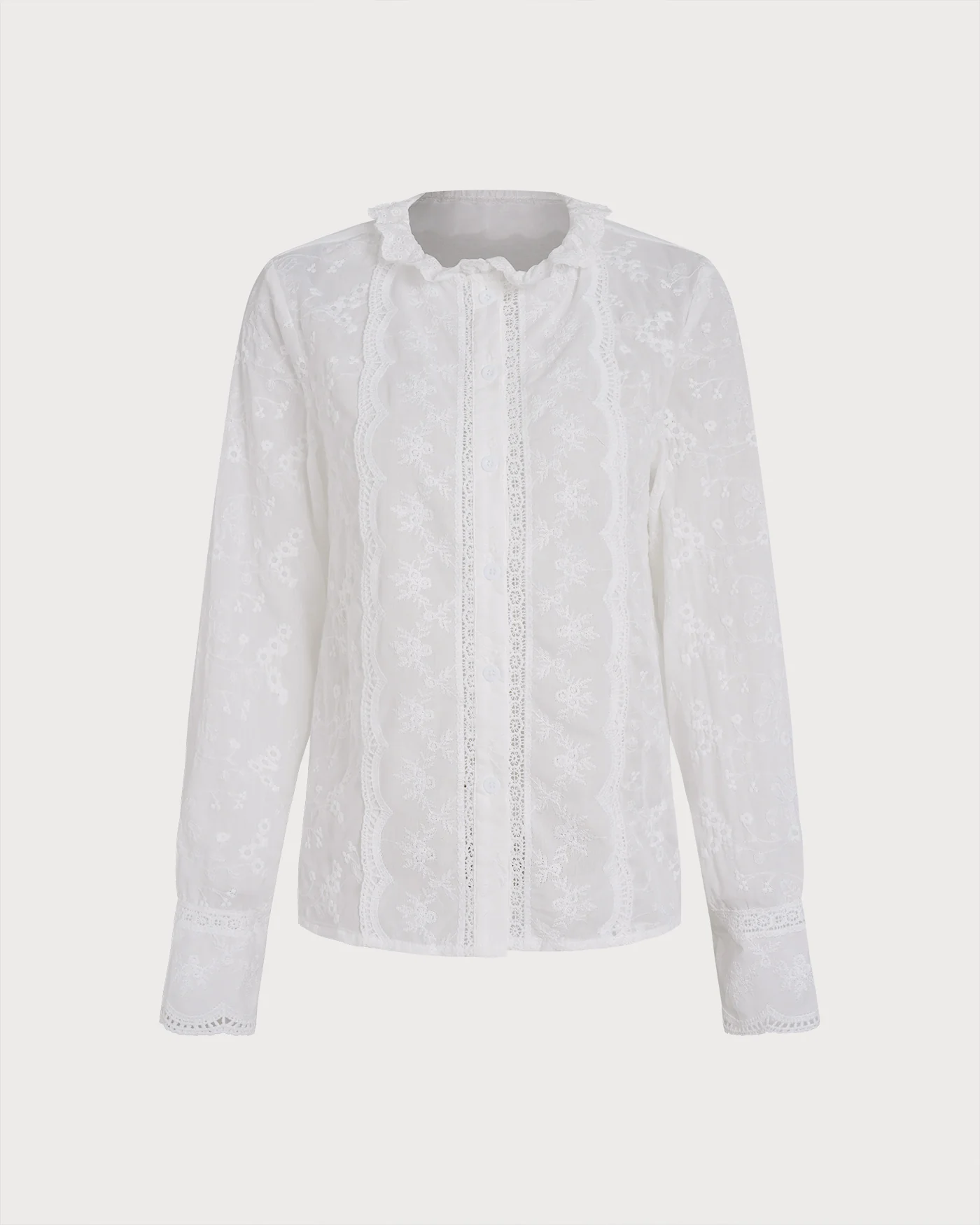 White Floral Textured Ruffled Shirt - Image 8