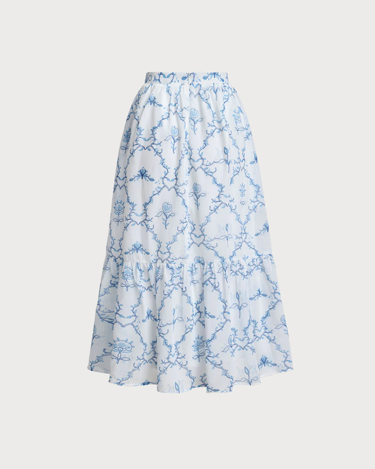 White Floral Tiered Midi Skirt - Image 4