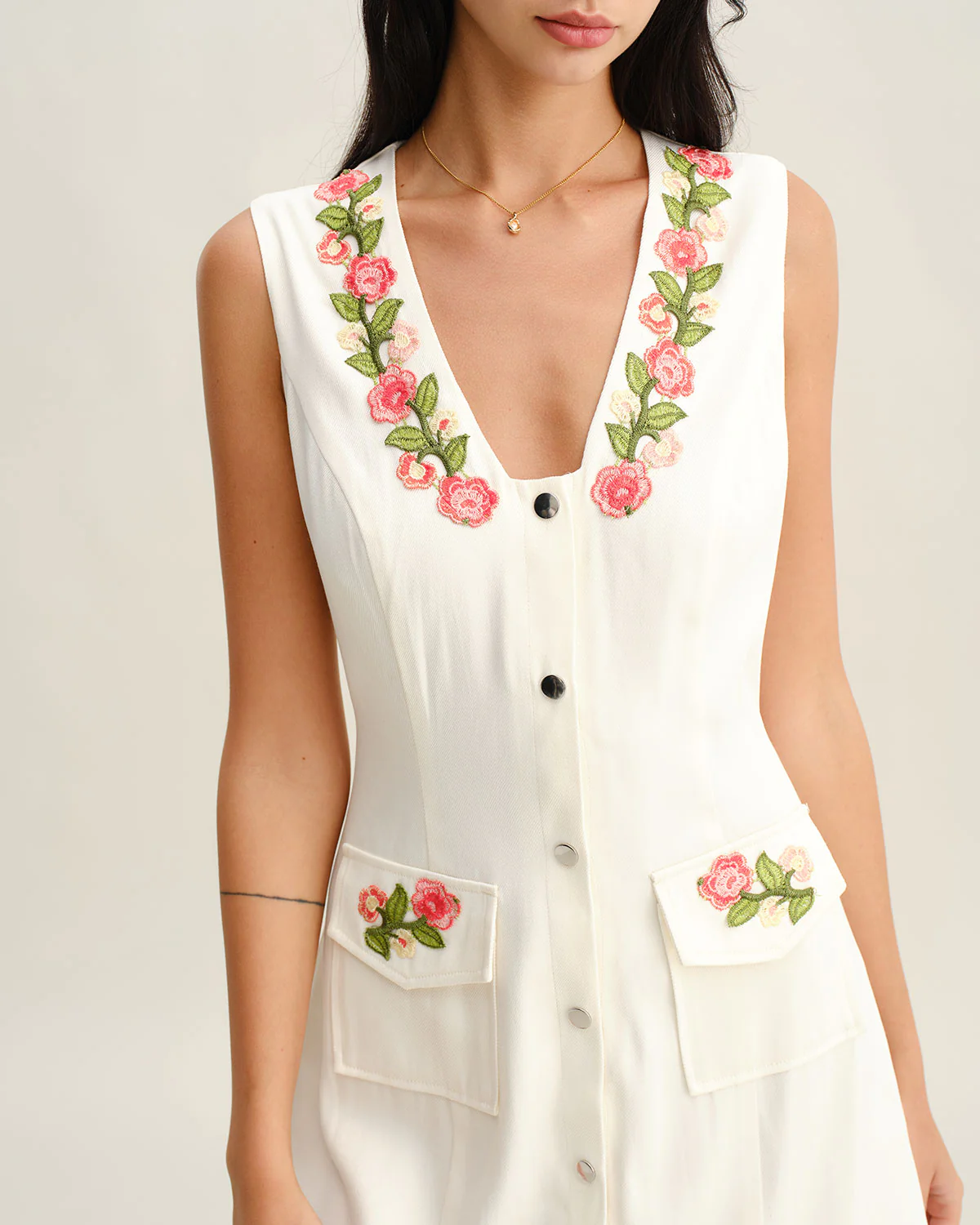 White Floral V Neck Sleeveless Mini Dress - Image 2
