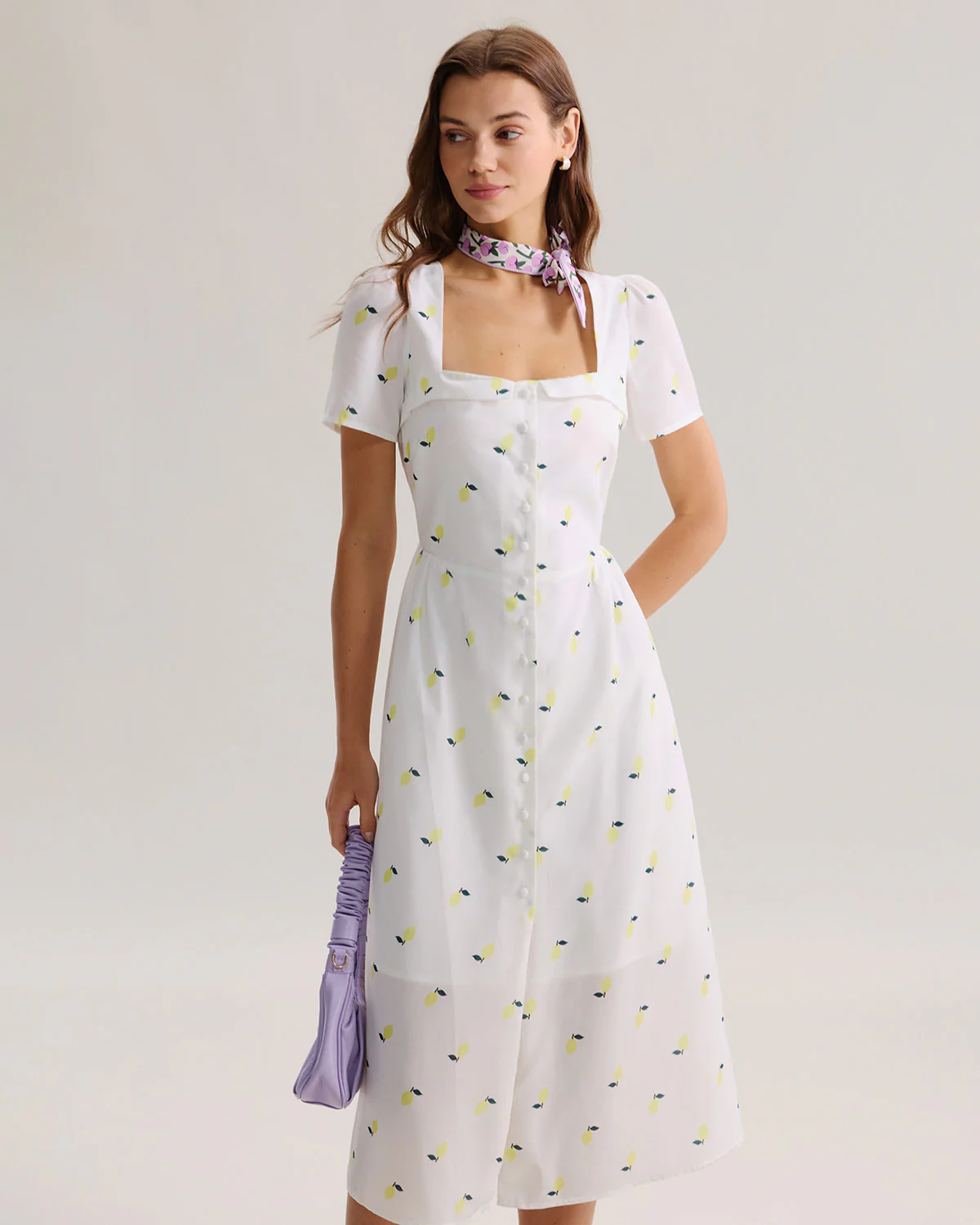 White Fruit Square Neck Midi Dress