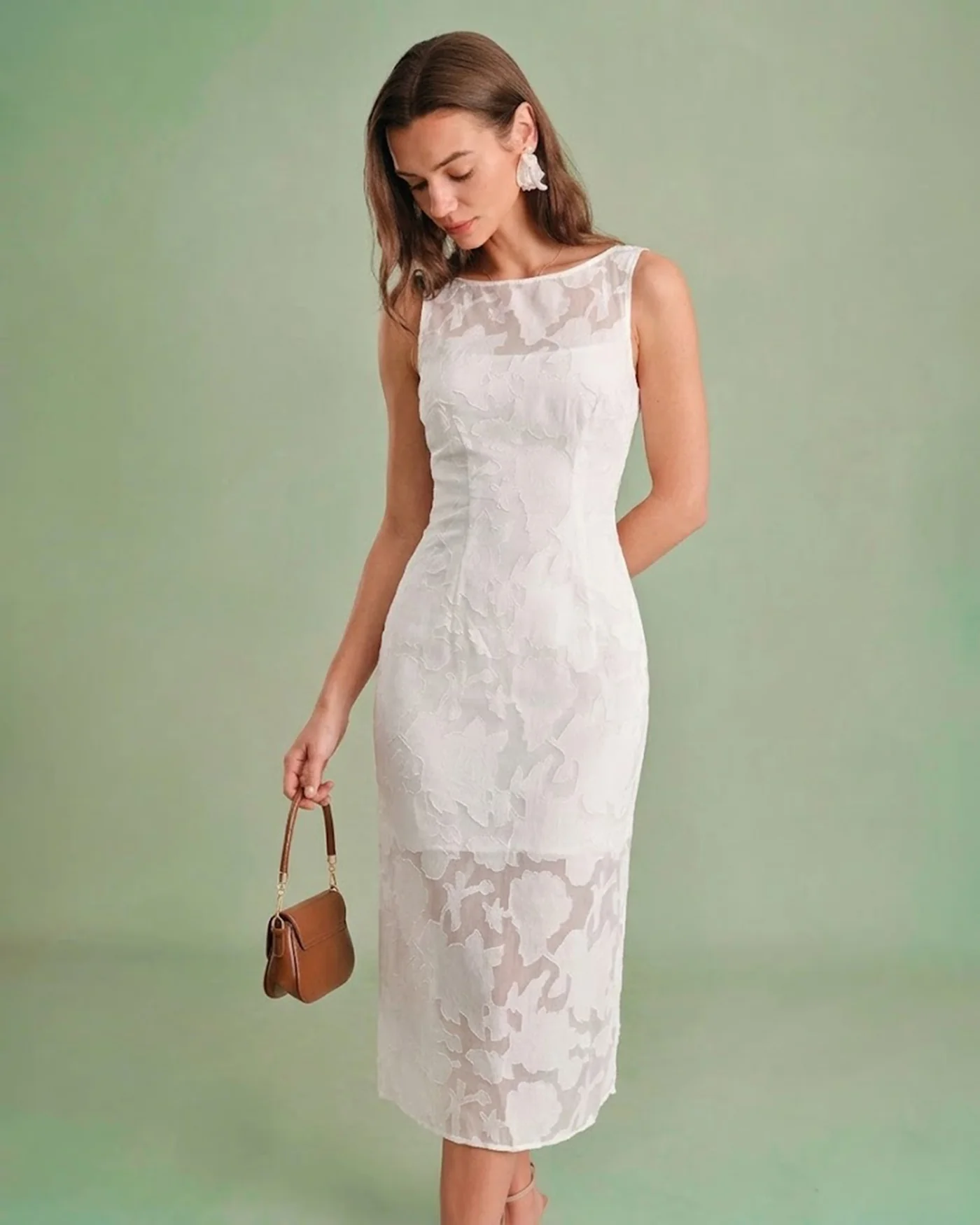 White Lace Boat Neck Midi Dress - Image 3