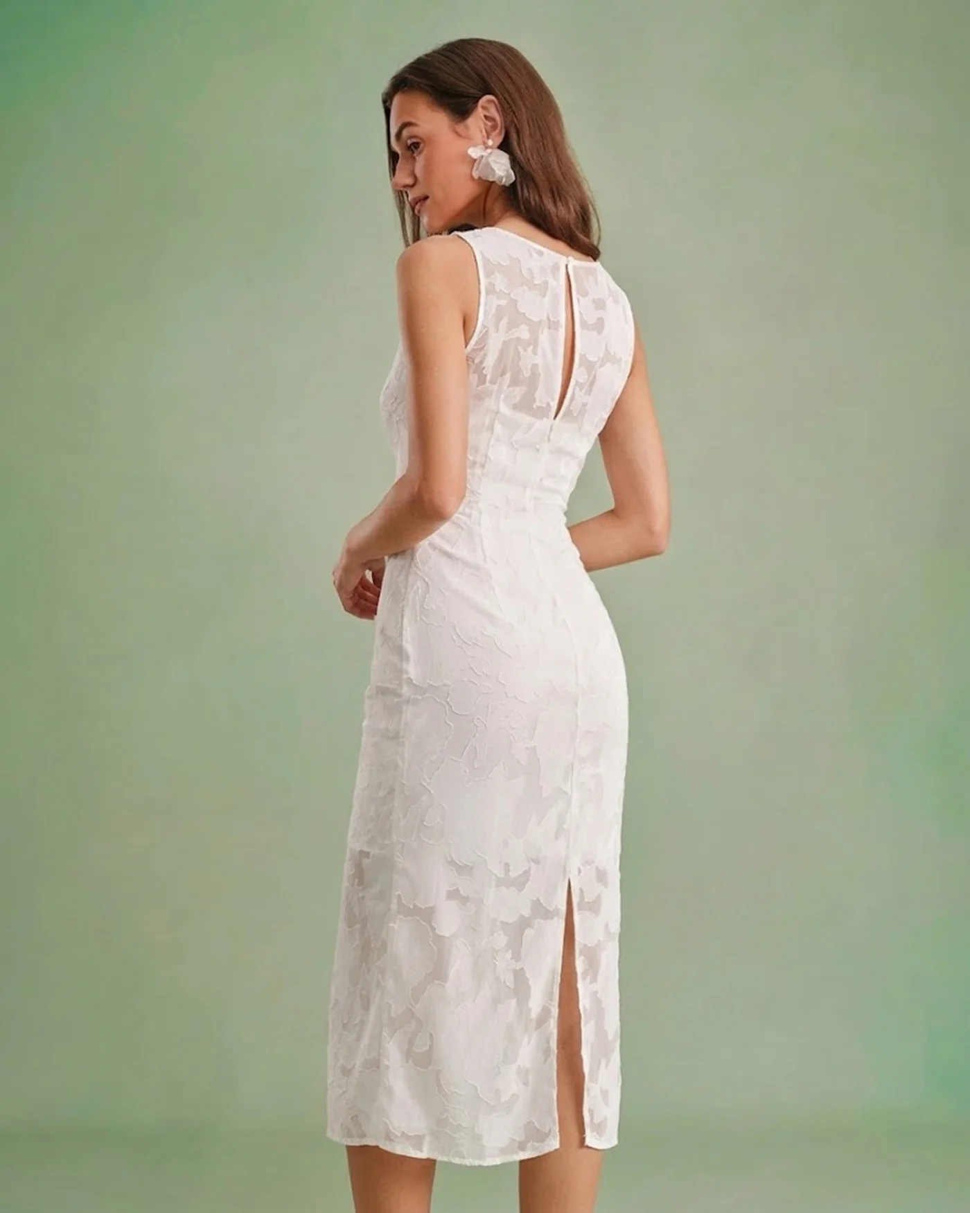 White Lace Boat Neck Midi Dress - Image 4