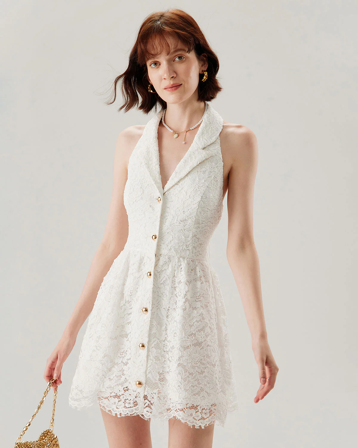 White Lace Collared Sleeveless Mini Dress
